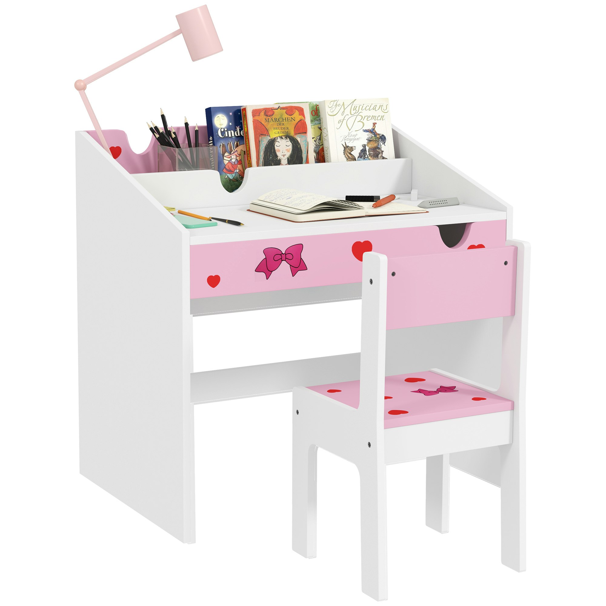 Rackhams Pink Kids Desk & Chair Set, Children's Study Table & Chair With Storage, Pull-Out Drawer, For Bedroom Playroom, Nursery