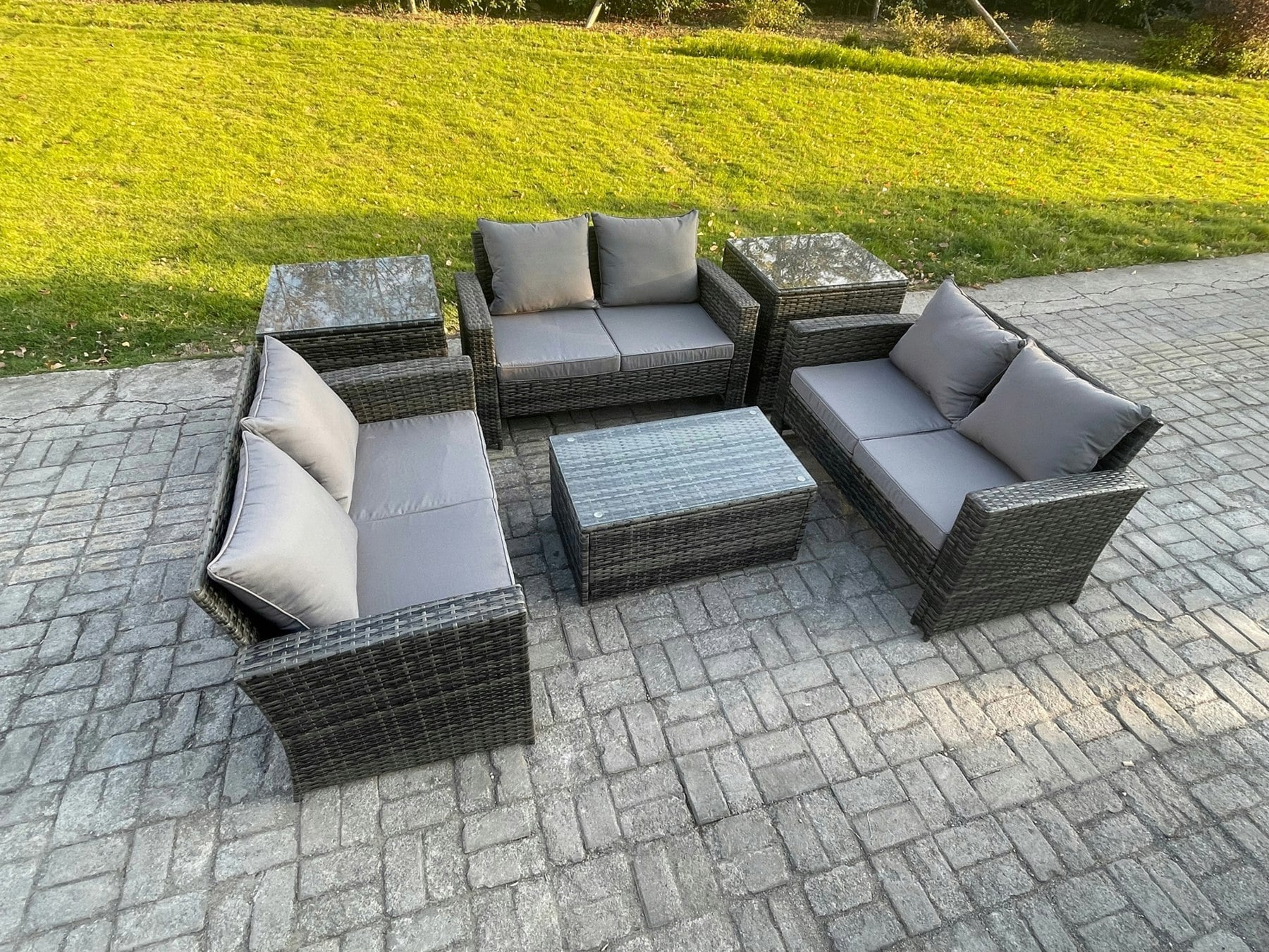 Rackhams Dark/Grey 6 Seater Outdoor Rattan Garden Furniture Set Patio Love Sofa Rectangular Coffee Table Set With 2 Side Tables