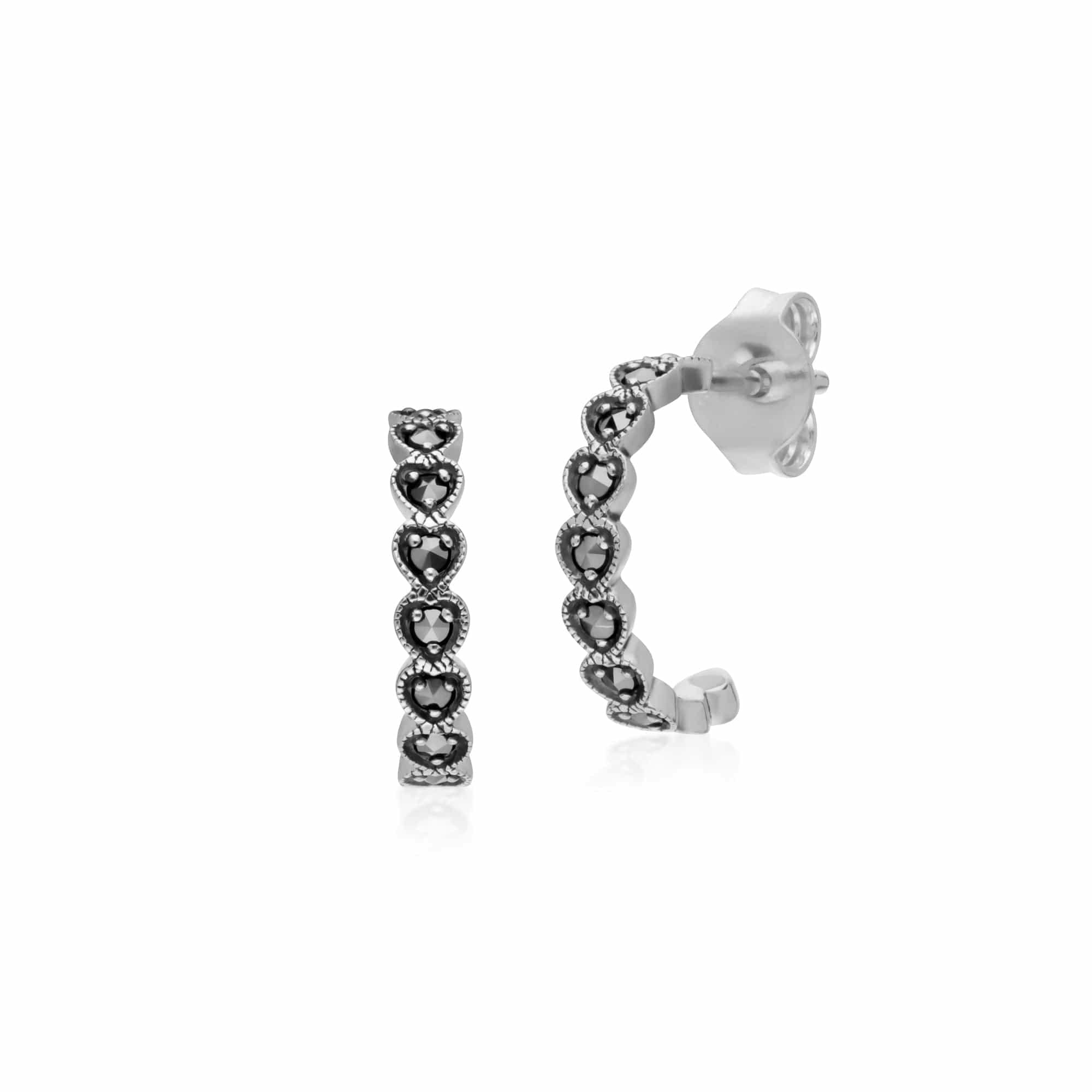 Gemondo Silver Geometric Heart Marcasite Half Hoop Earrings In 925 Sterling