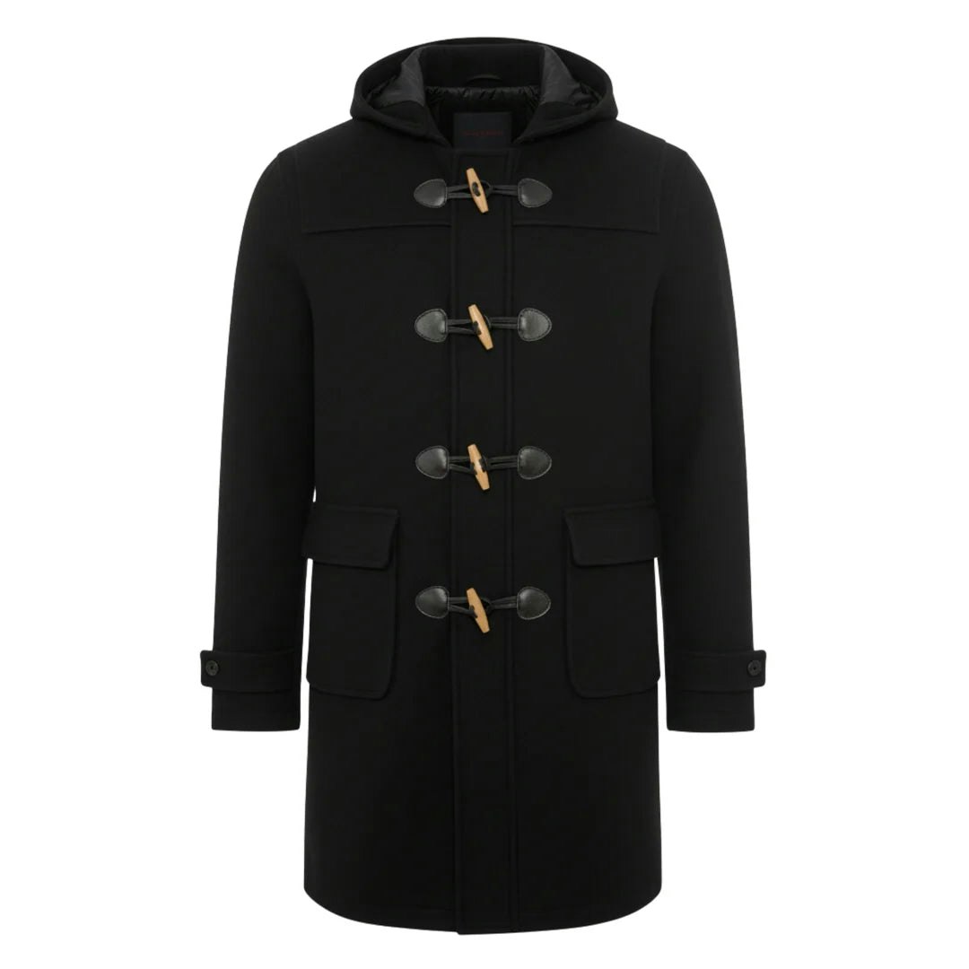 Truclothing Men's Black Classic Toggle Fastener Hooded Duffle Coat - Medium