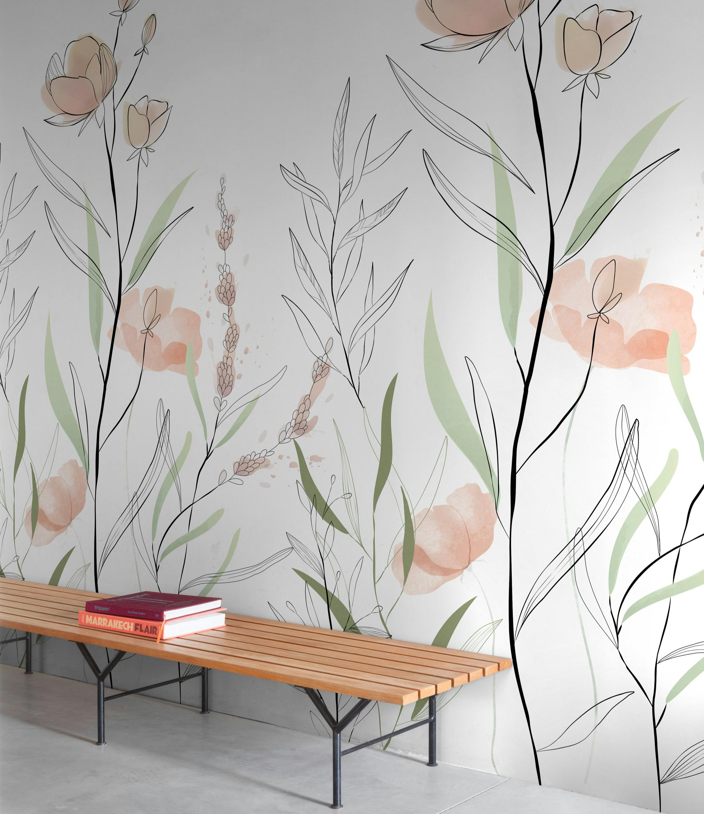 Rackhams Light/Black/Green Zinnia Floral Sketch 3 Panel Repeatable Mural 1.59 X 2.8M, Pastel