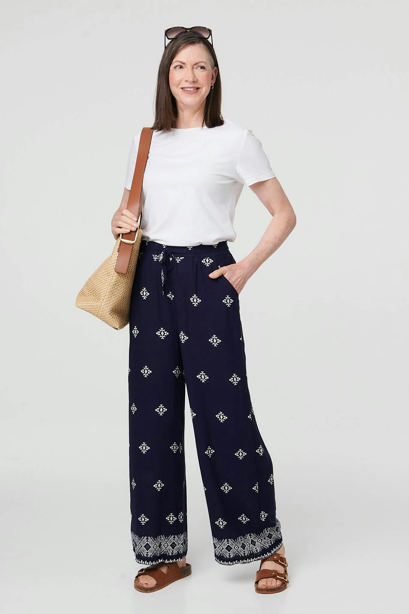 Izabel London Printed High Waist Drawstring Trousers - 12 - Navy