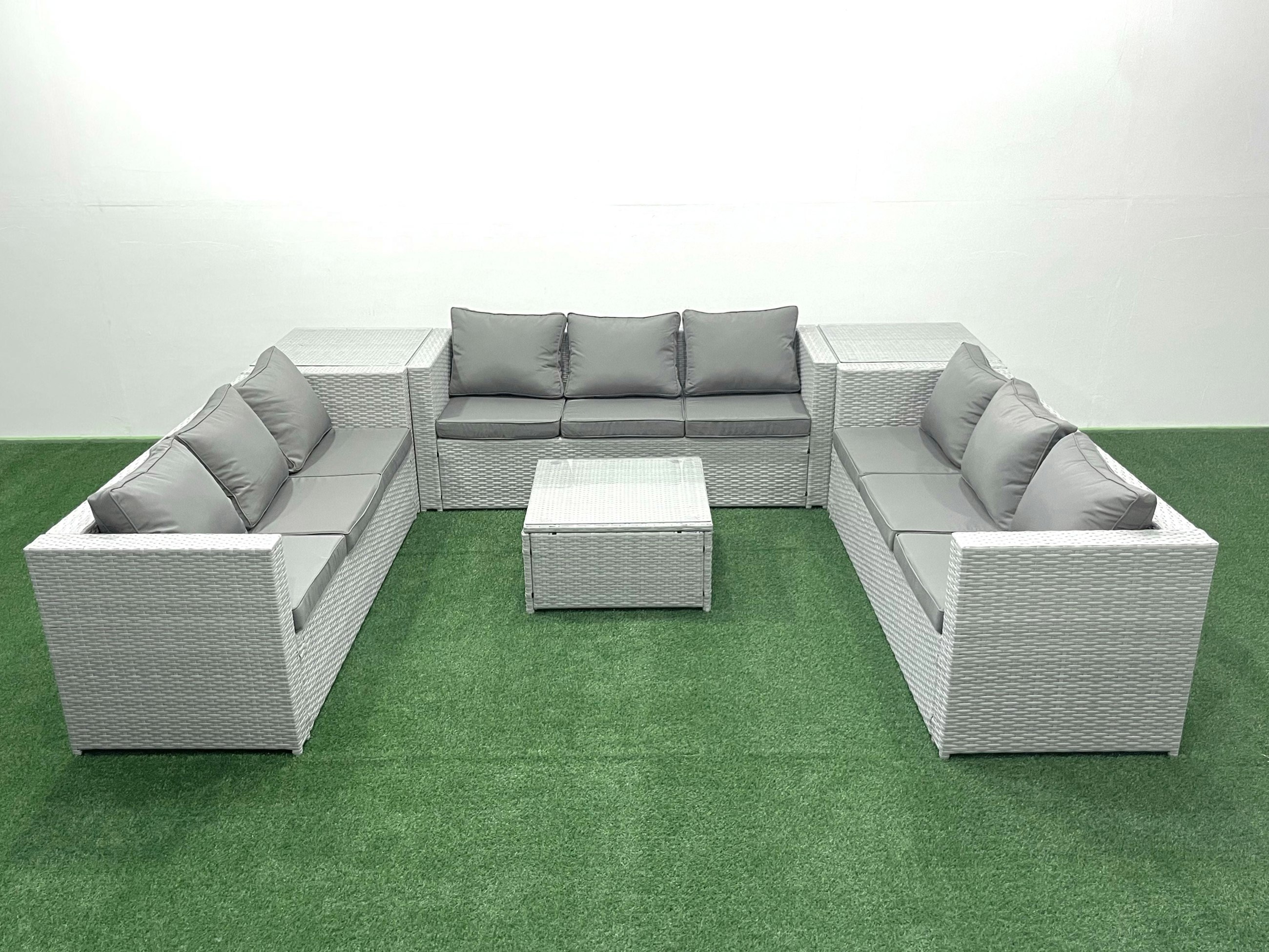 Rackhams Light/Grey Rattan Garden Outdoor Furniture Set 9 Seater Rattan Garden Sofa Set With 2 Side Tables Mixed