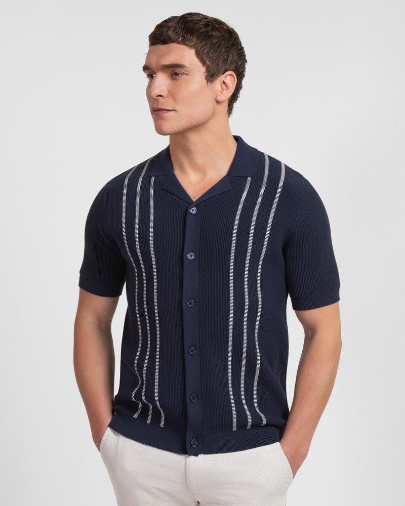 Steel & Jelly Holborn - Stripe Textured Short Sleeve Shirt - Navy - L