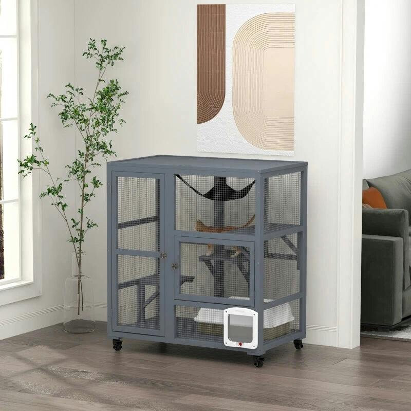 PAWHUT Indoor Catio Cat House on Wheels with Platforms, Hammock in Light Grey - Image 6