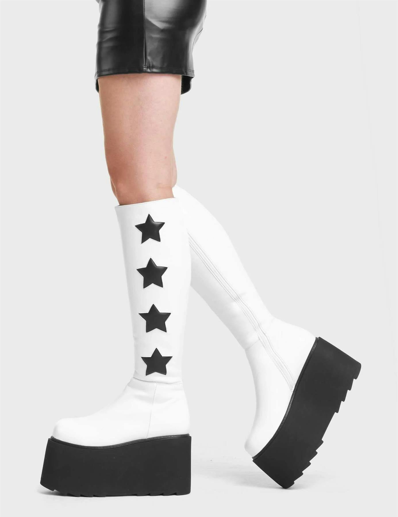 Lamoda Women's Black Extraterrestrial Whitepu Knee High Platform Boots With Star - Uk5