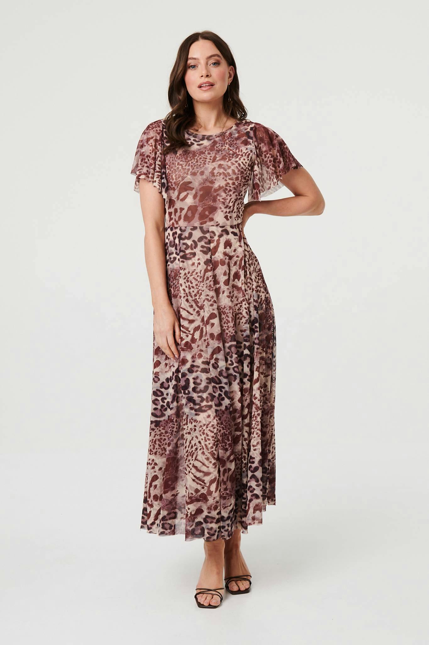 Izabel London Brown Animal Print Angel Sleeve Maxi Dress - 18