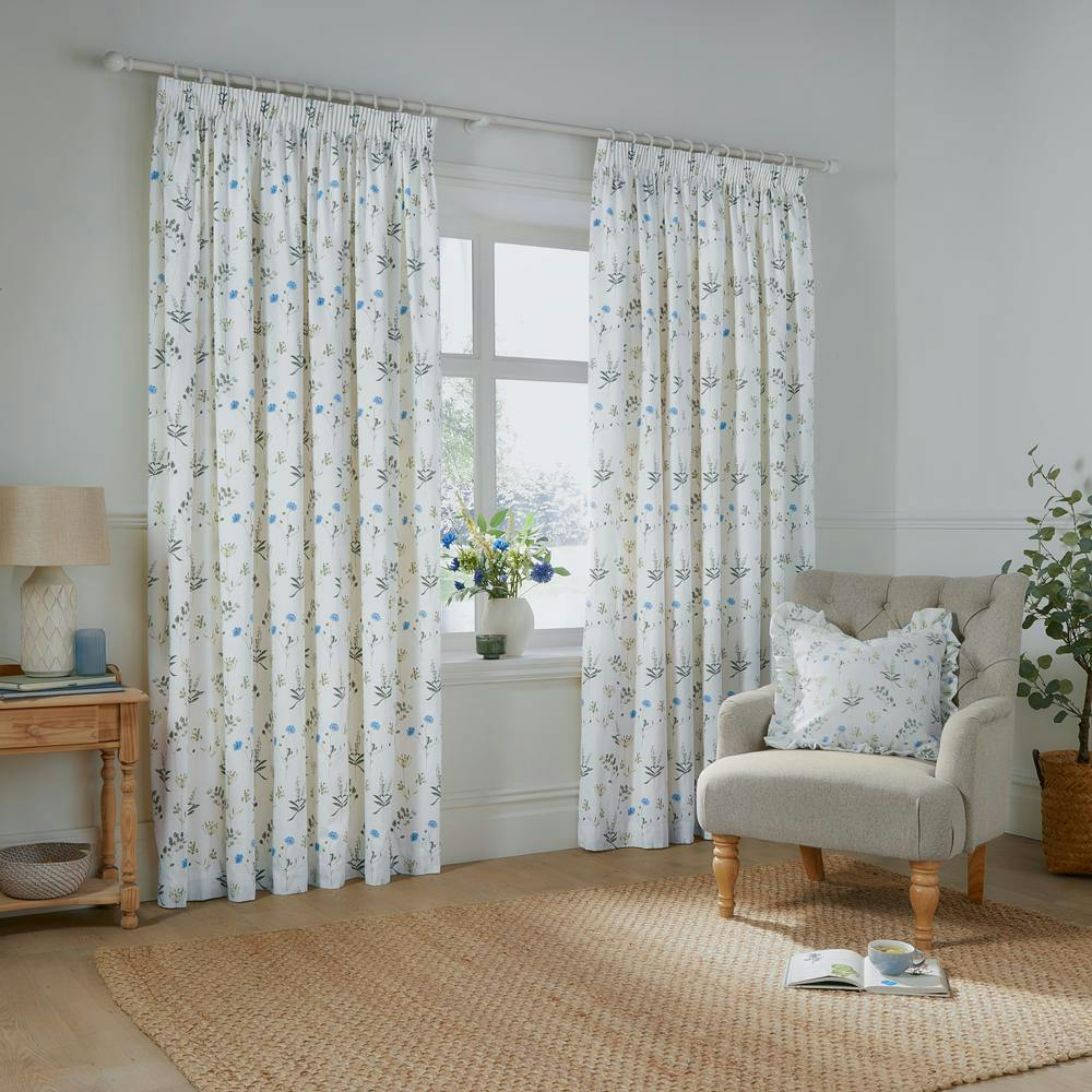 Wylder White Lined Meadow Pencil Pleat Curtains - /Cornflower - 229Cm X 168Cm - /Cornflower - 100% Cotton