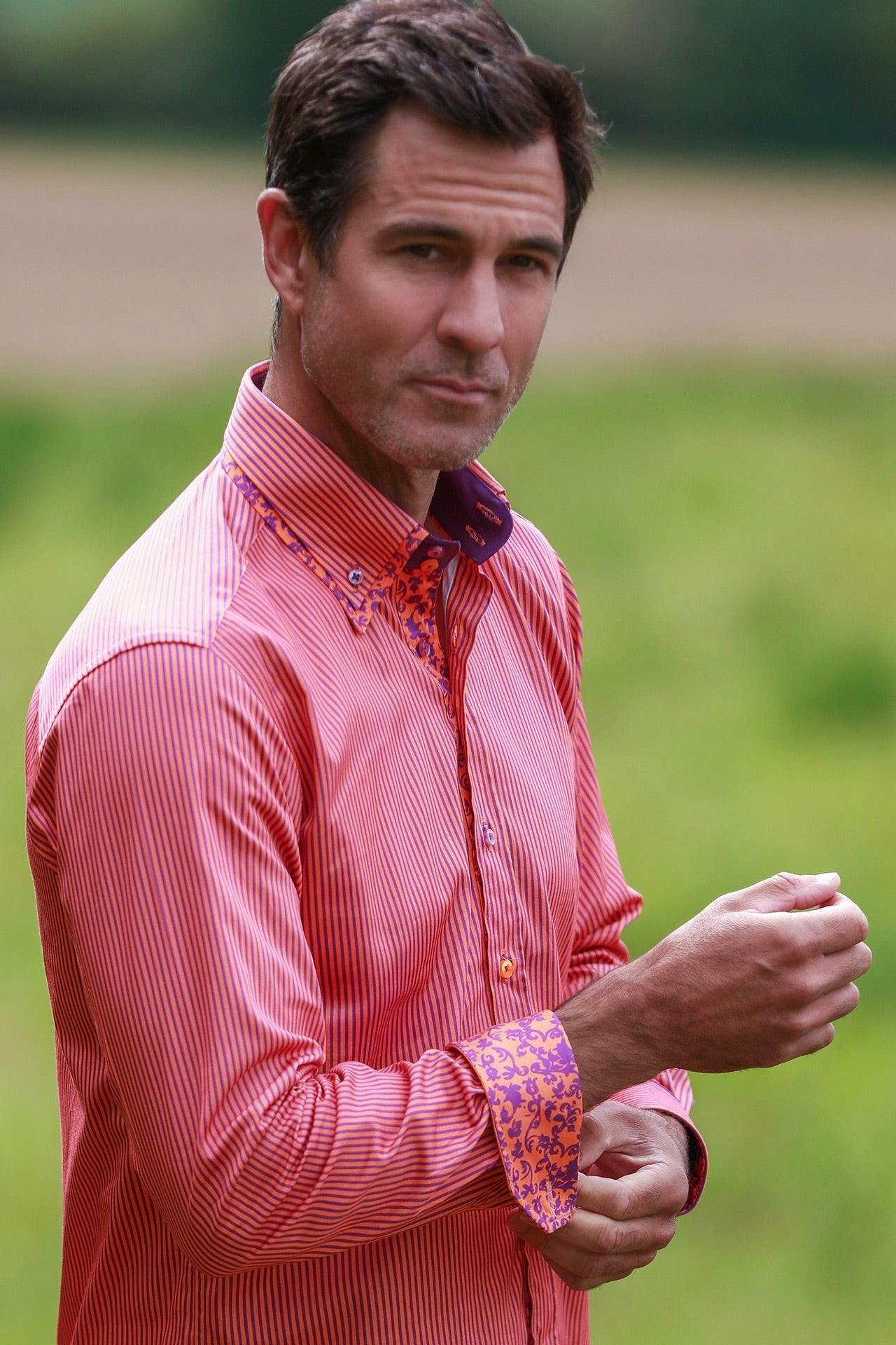 Claudio Lugli Orange Stripe Double Collar Print Shirt - Medium