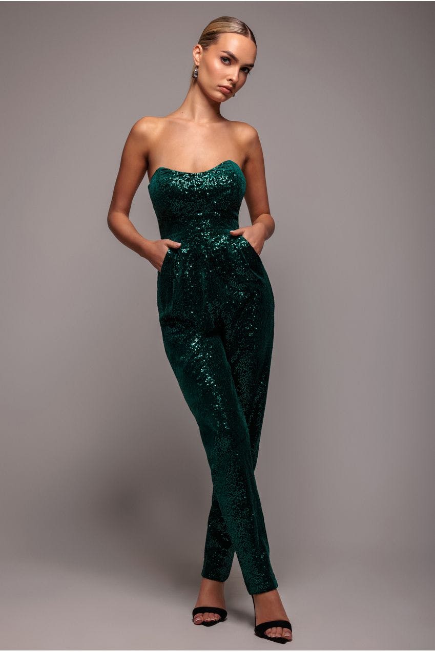 Goddiva Green Sequin & Velvet Corset Jumpsuit - Emerald By - Emerald - 12