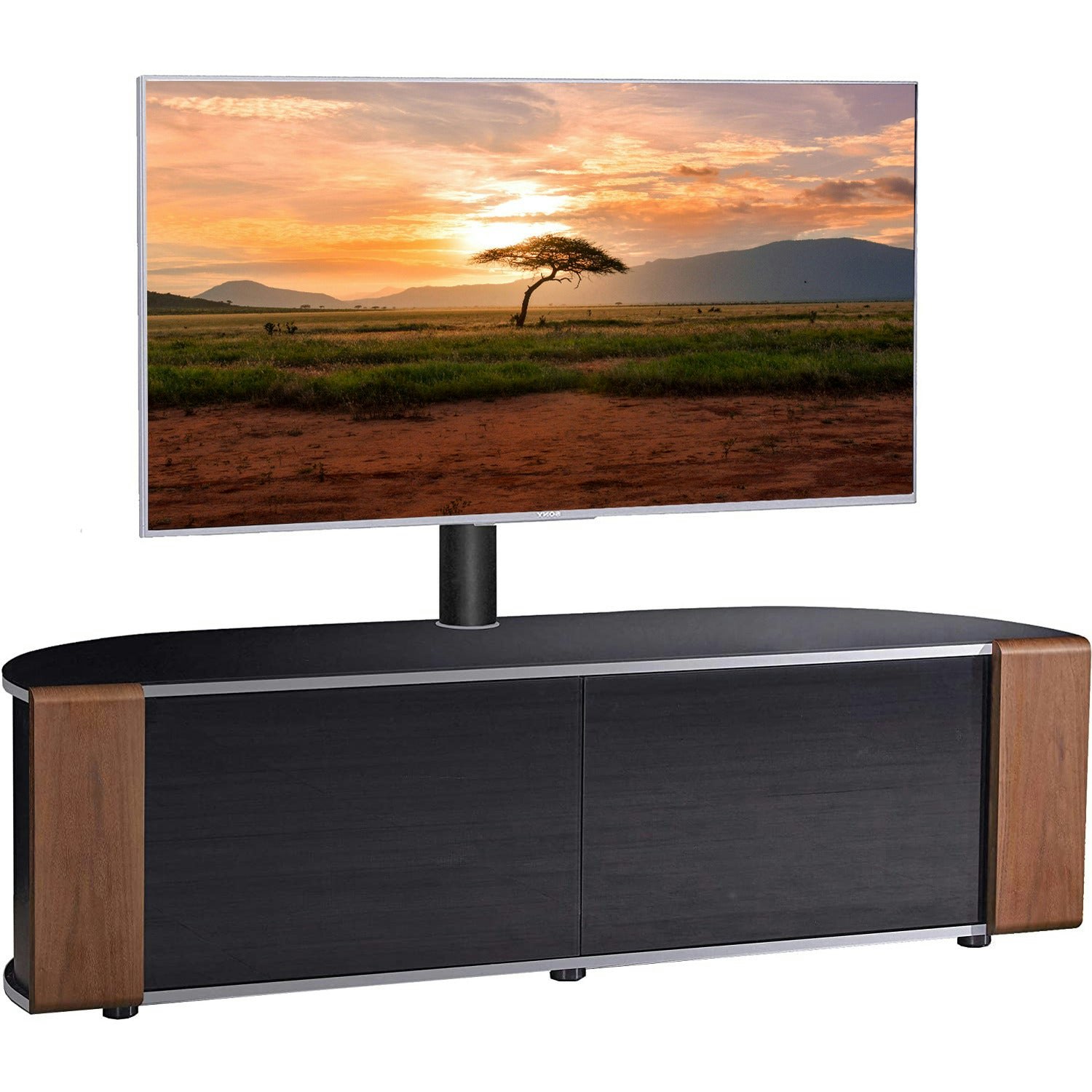 Mda Designs Black Sirius 1600 Cabinet With Beamthru Remote-Friendly Gloss With Walnut & Oak Interchangeable Trims For Tvs Up To 65" & Mounting Bracket