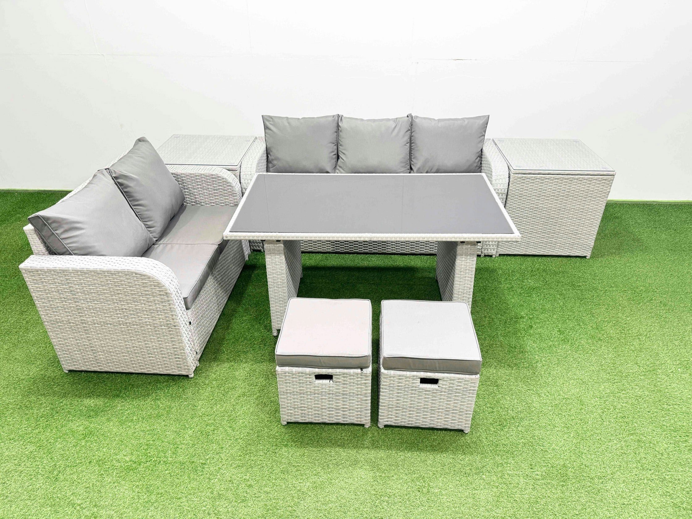 Rackhams Light/Grey Garden Furniture Set Pe Ratten Garden Sofa Set With Rectangular Dining Table 2 Small Stools 2 Side Tables