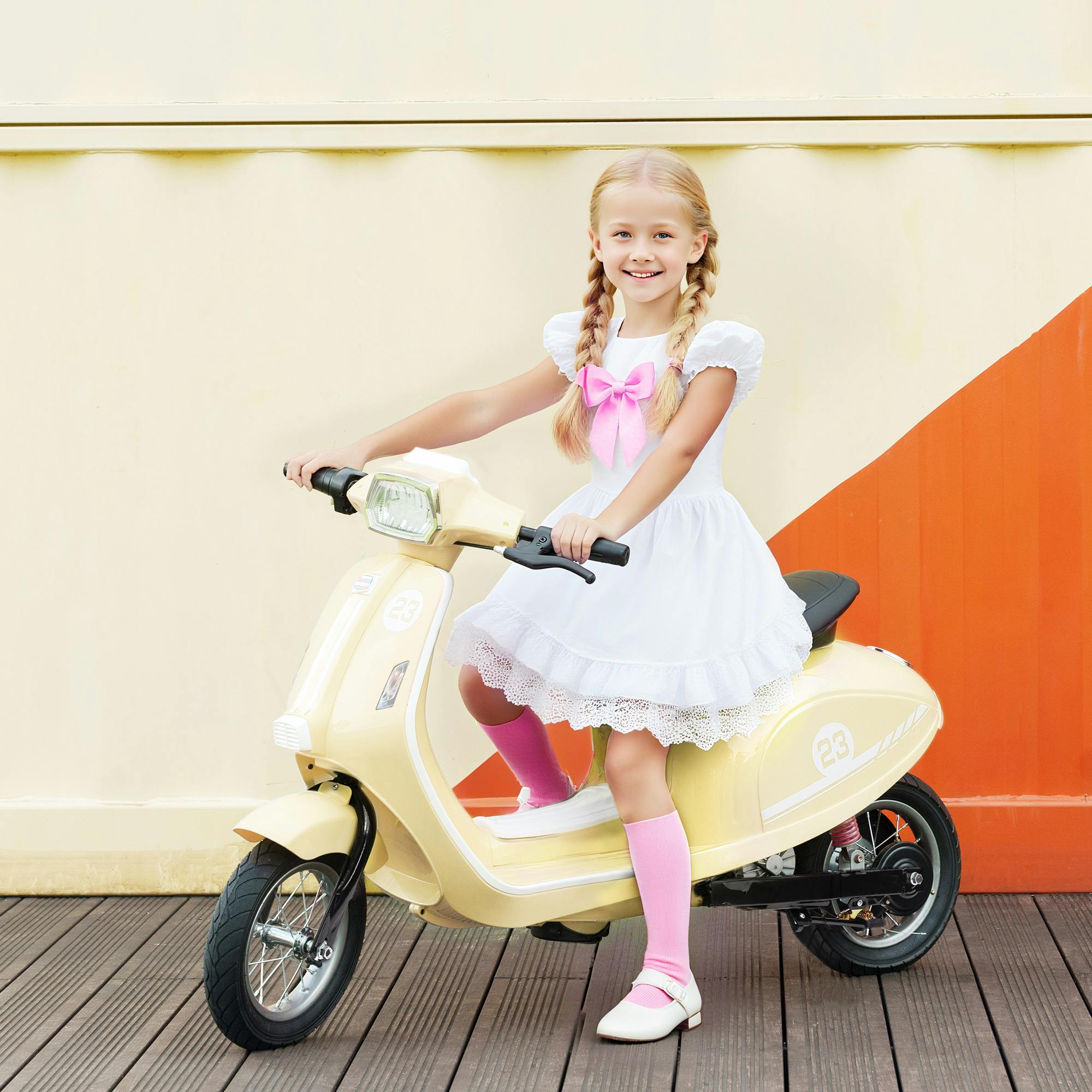 Aiyaplay Beige 24V Battery Powered Ride On Motorcycle With Manual Throttle - 130L X 55W X 79H Cm