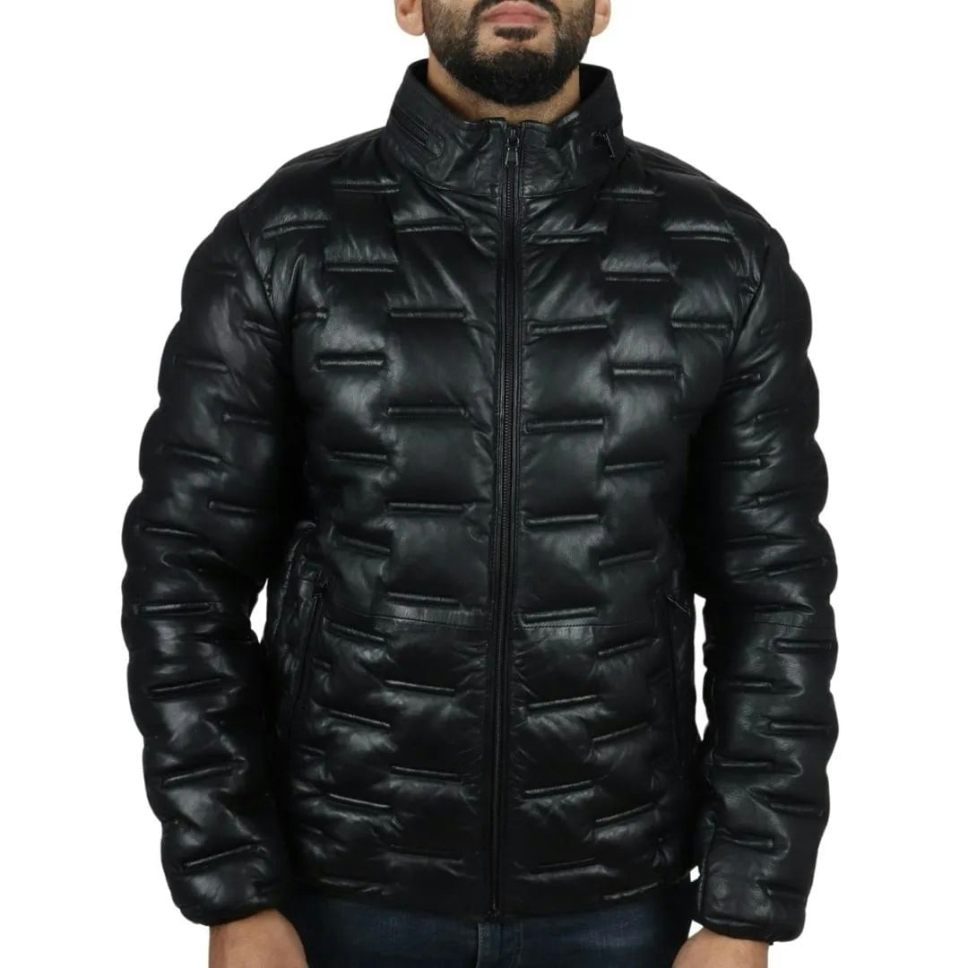 Infinity Leather Men's Black Puffer Quilted Real Leather Waist Length Jacket - 5XL