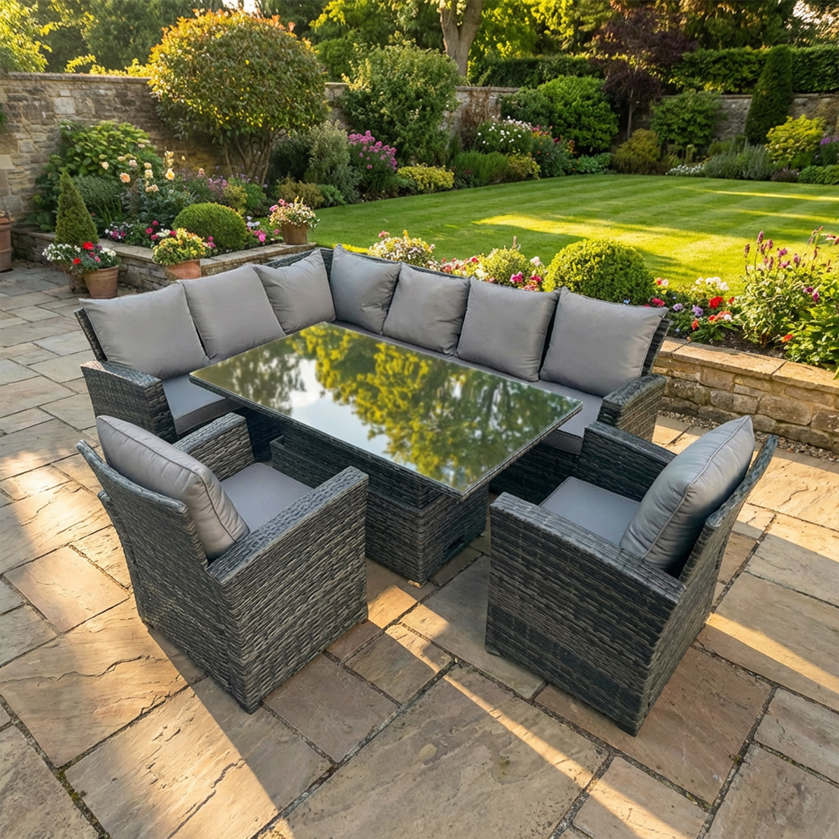 Fimous High Back Pe Rattan Corner Sofa Set Garden Furniture Adjustable Rising Lifting Table Set With 2 Armchair