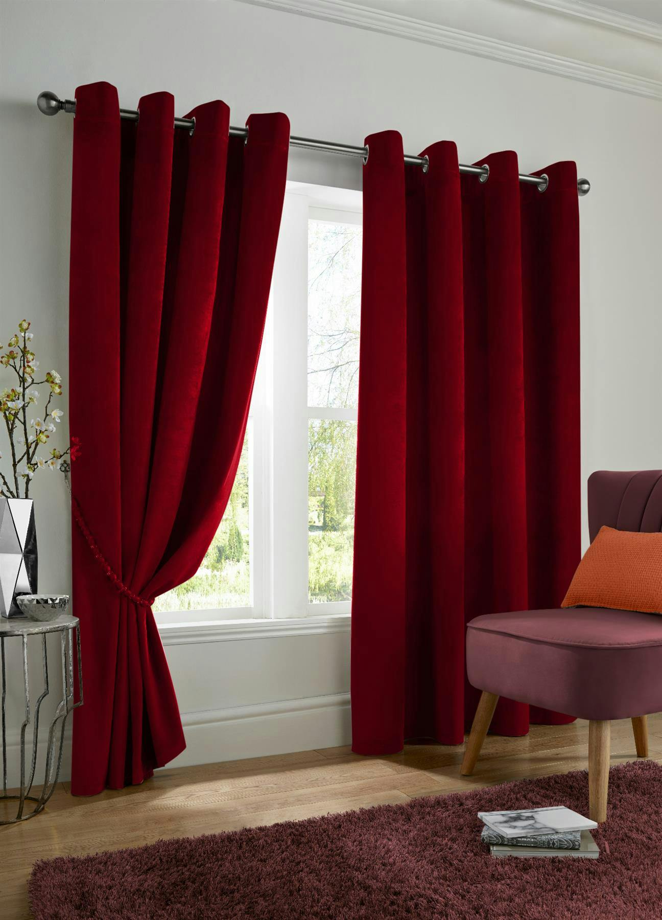 Luxury Living Red Velvet Ring Top Blackout Curtains - 168Cm Width X 229Cm Drop