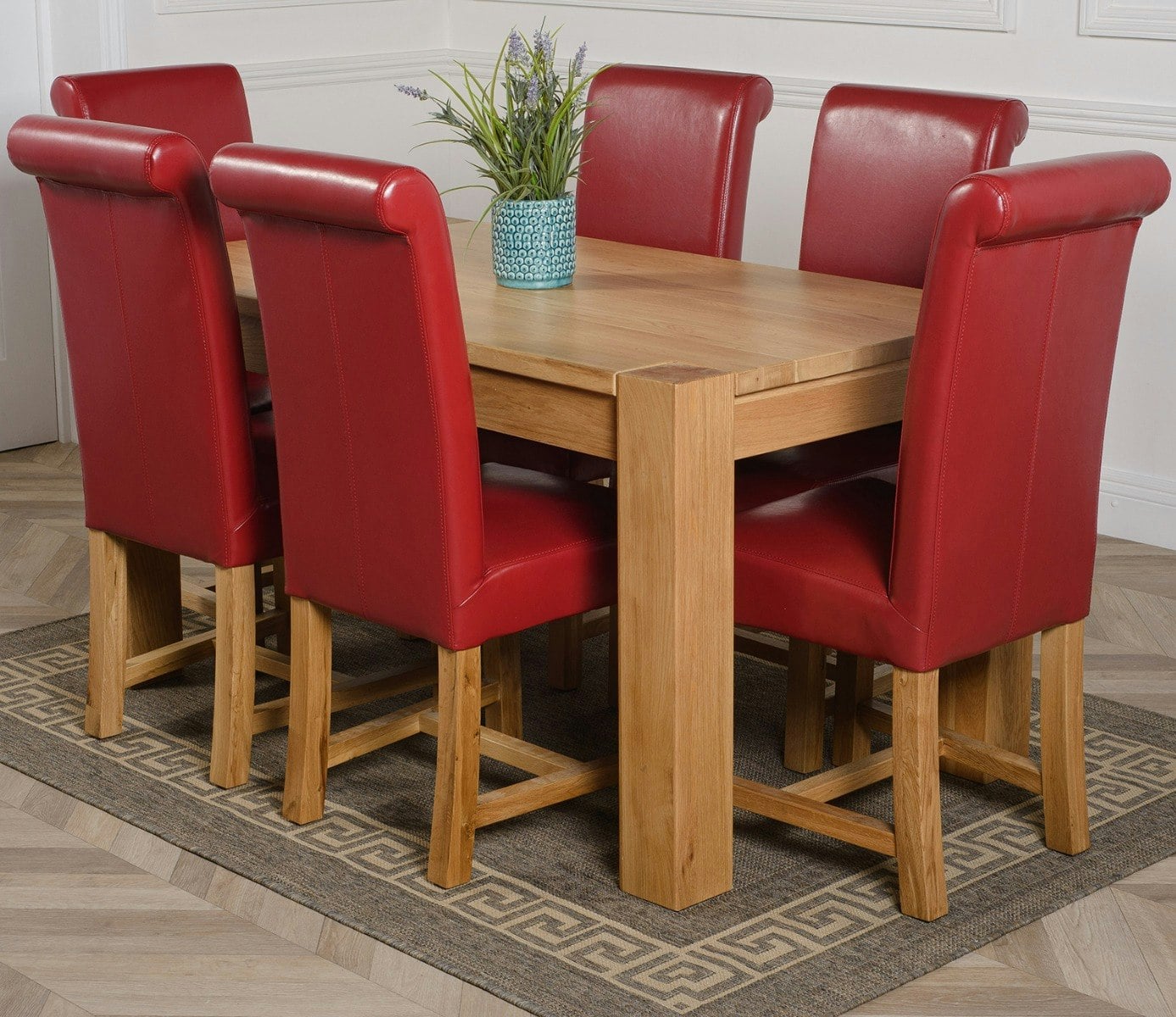 Rackhams Burgundy Kuba Medium Oak Dining Table With Washington Leather Chairs - 6 Chairs