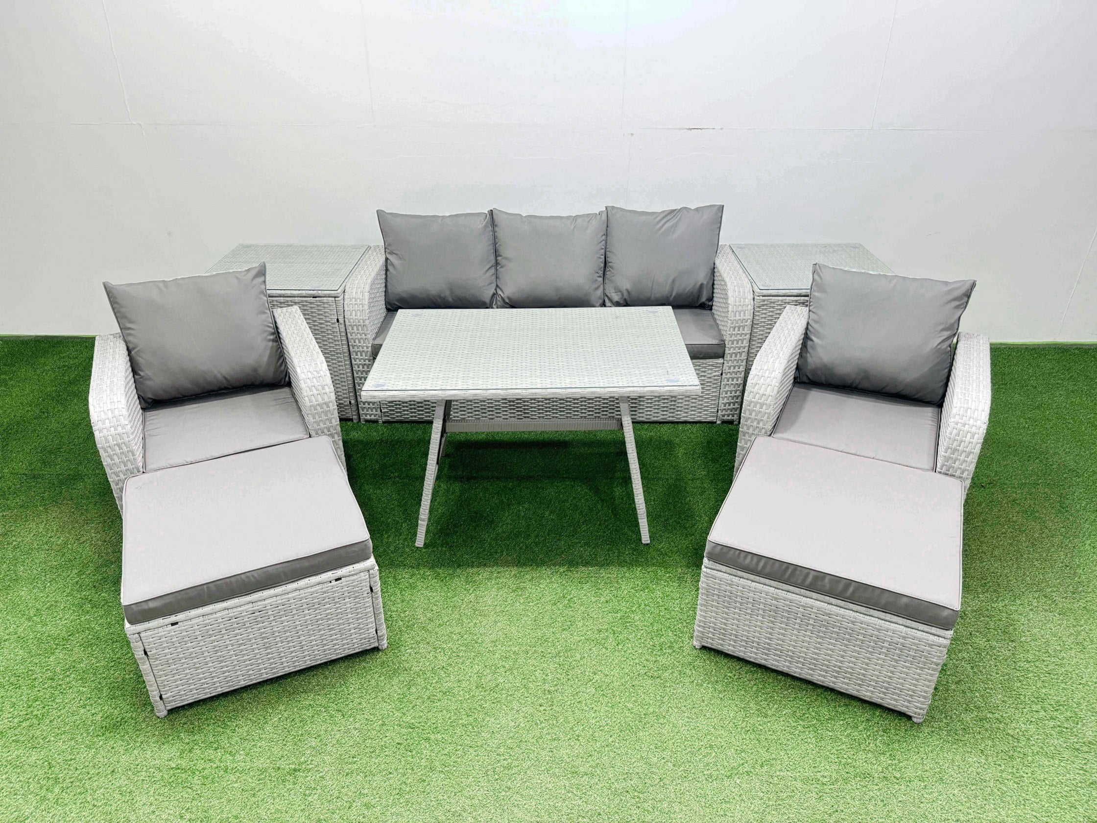 Fimous Light/Grey Reclining Chair 3 Seat Sofa Set Garden Furniture Set With Rectangular Dining Table 2 Side Tables 2 Big Footstools