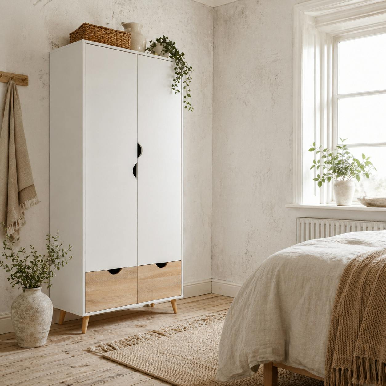 Wyld Haus White Belamar And Natural 2 Door Wardrobe With Hanging Rail 2 Drawers And Wooden Legs