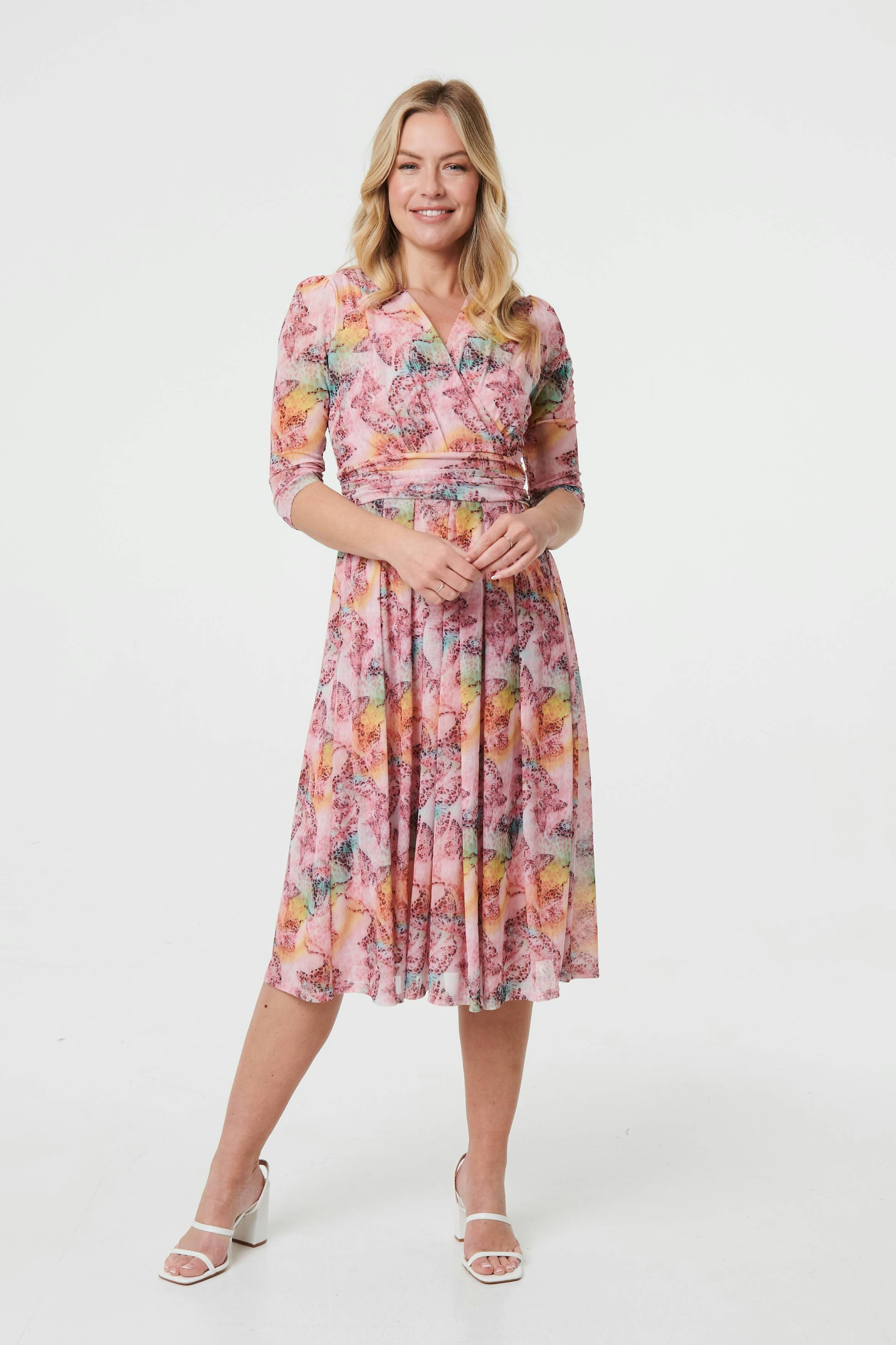 Izabel London Pink Printed 3/4 Sleeve Wrap Midi Dress - 14