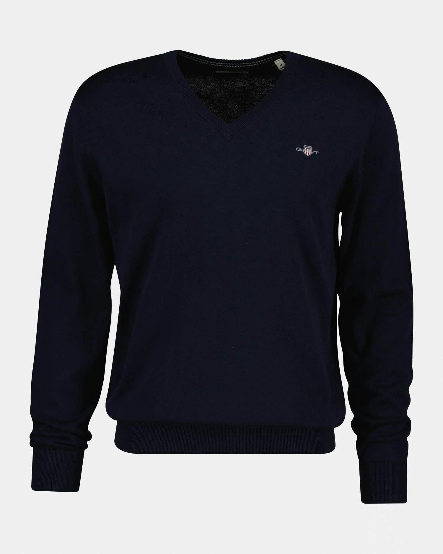 Gant Men's Blue Classic Cotton Shield Logo V-Neck Jumper - 433 Evening - 433 Evening - Xxl
