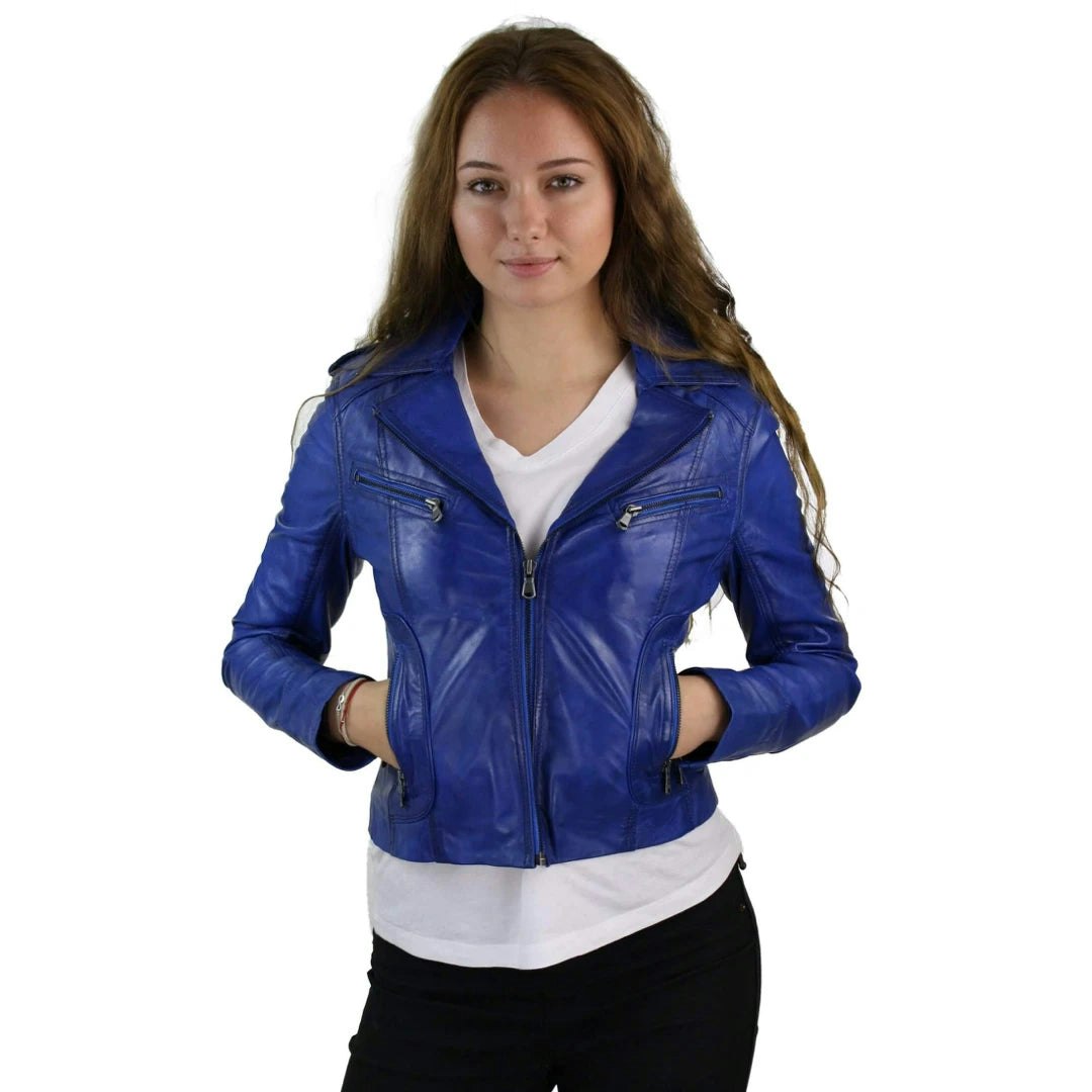 Aviatrix Women's Blue Leather Short Slim Fit Biker Jacket - Royal - Uk 16