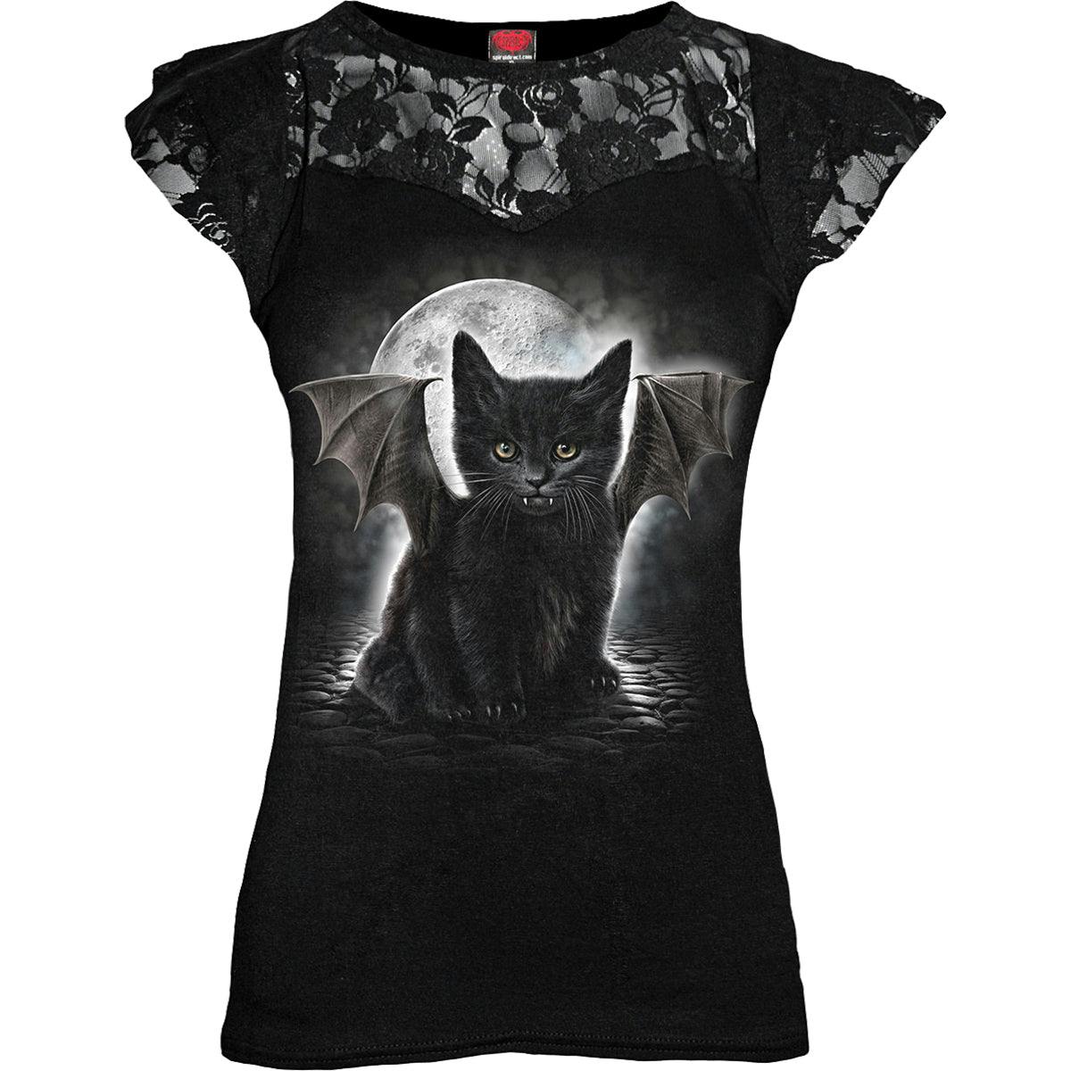 Spiral Direct Black Bat Cat - Lace Layered Cap Sleeve Top - Xl - Digital - Digital