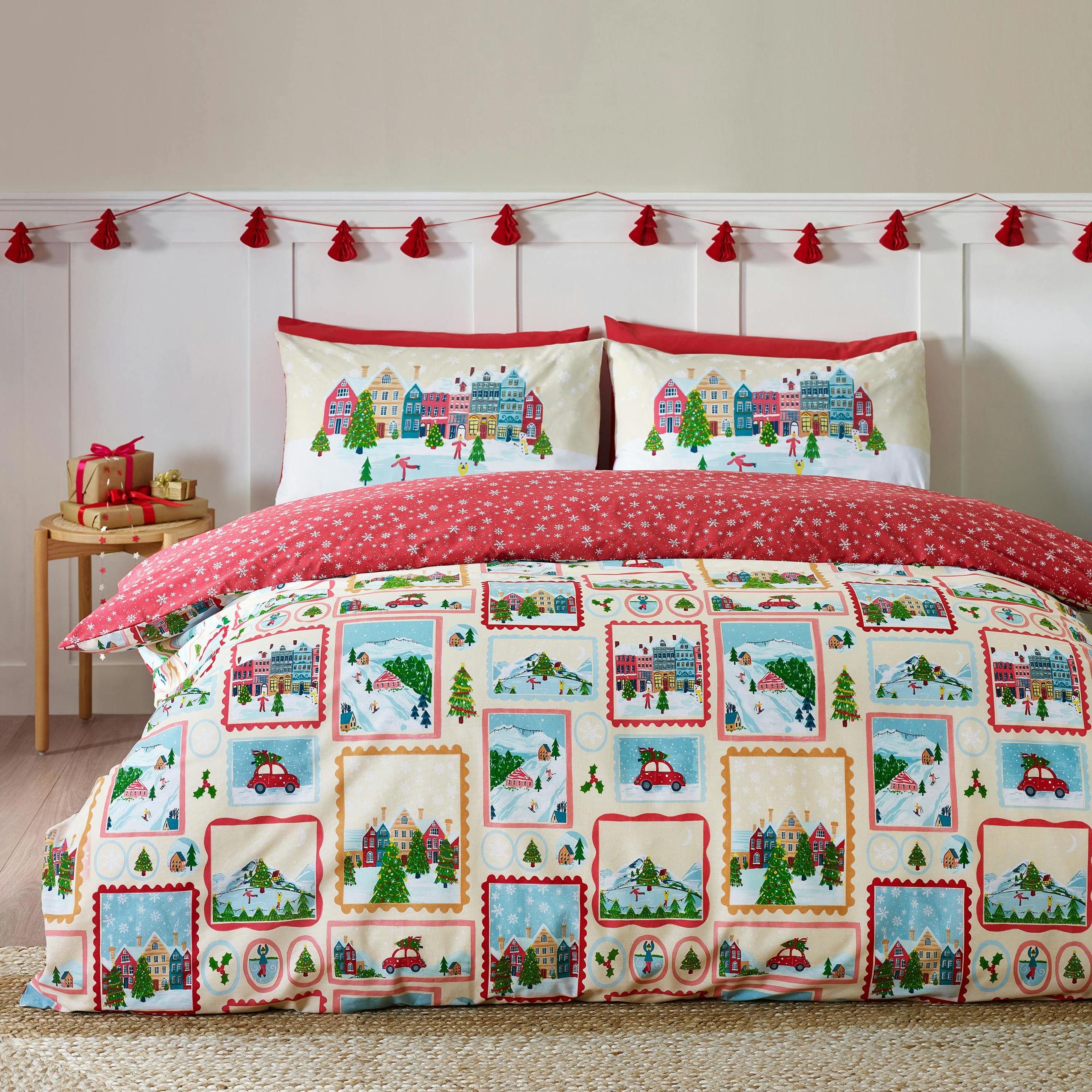 Rackhams Red/White Christmas Town Stamps Reversible Duvet Cover Set Natural - Single - Natural