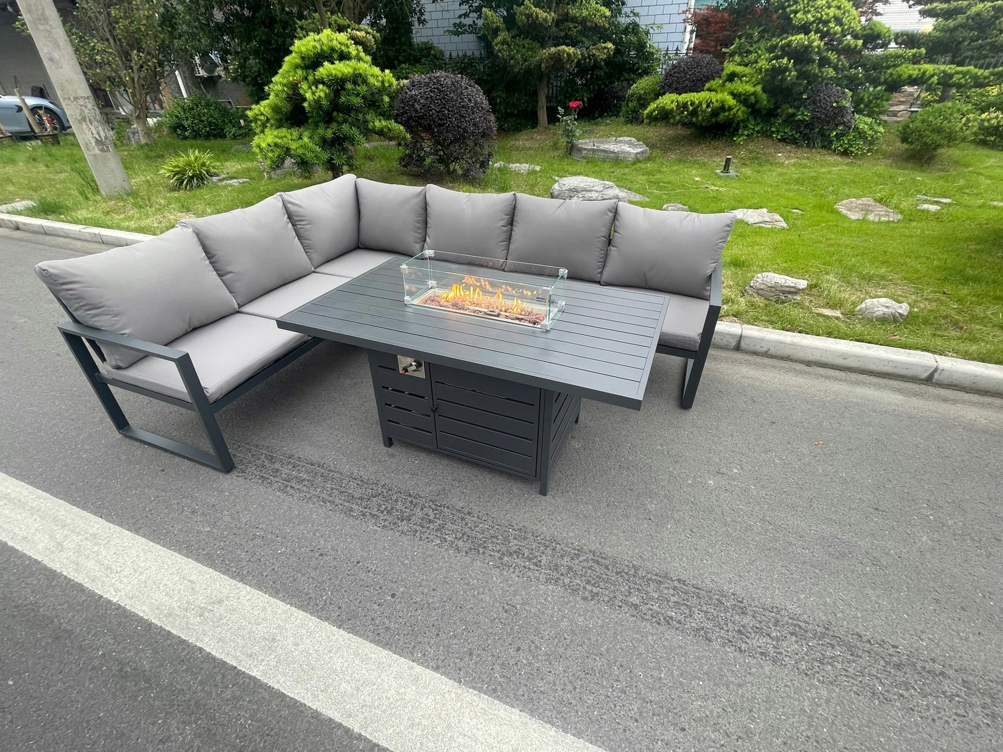 Rackhams Dark/Grey Aluminum Outdoor Garden Furniture Corner Sofa Gas Fire Pit Dining Table Sets Gas Heater Burner 6 Seater