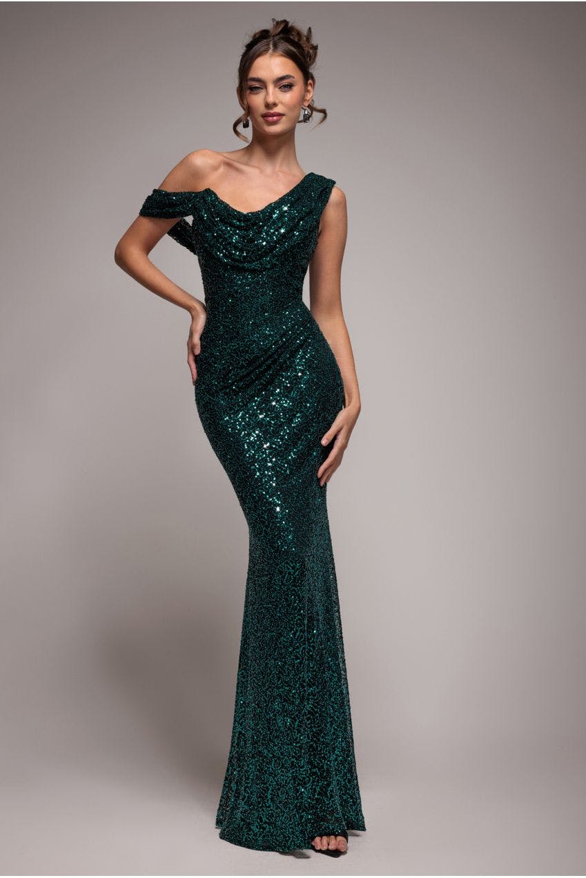 Goddiva Green Sequin Cowl One Shoulder Maxi Dress - Emerald By - Emerald - 14
