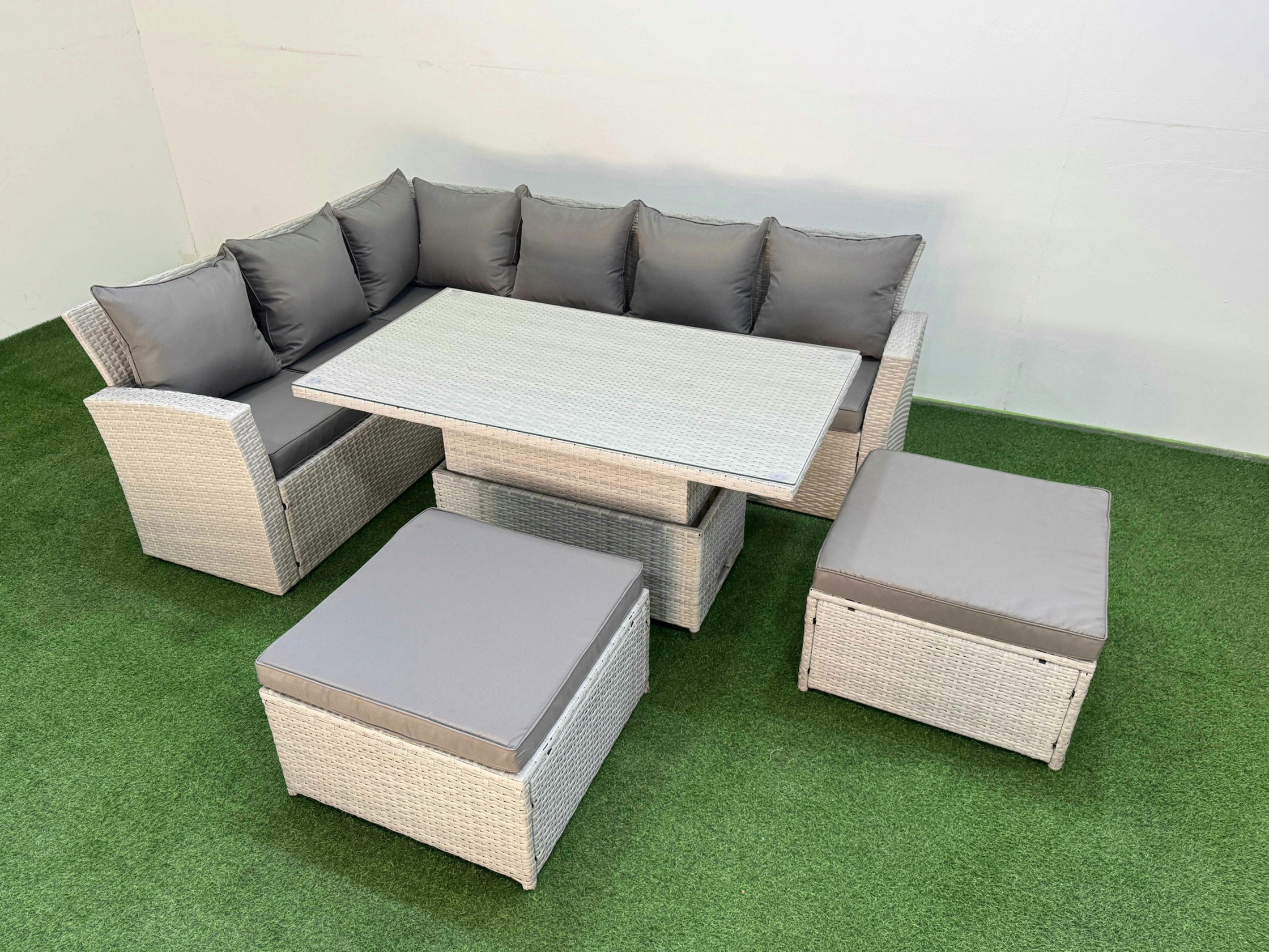 Rackhams Light/Grey 8 Seat Rattan Outdoor Garden Furniture Corner Sofa Set Adjustable Lifting Dining Or Coffee Table Set With Armchair 2 Big Footstools