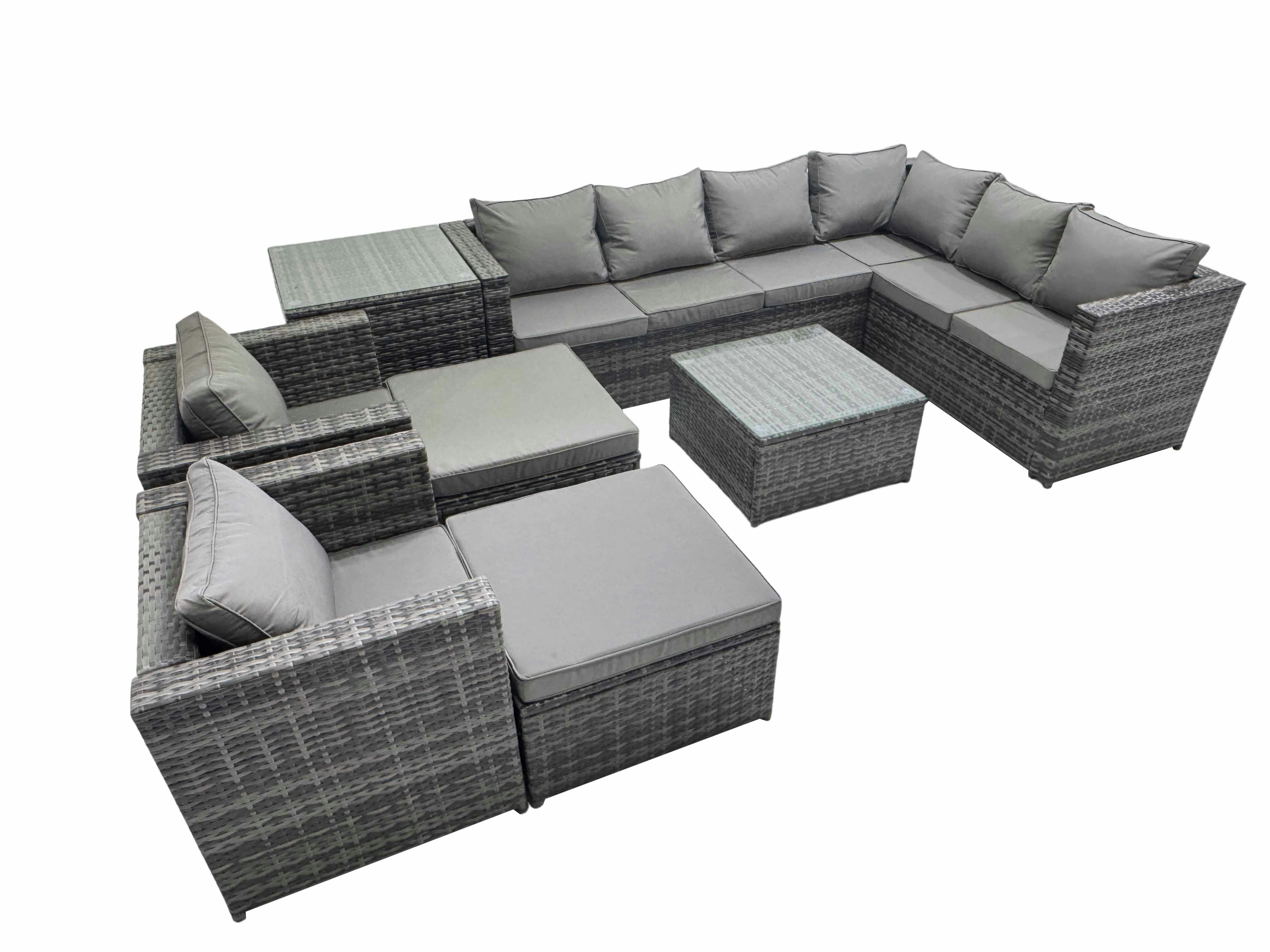 Fimous Dark/Grey Outdoor Pe Rattan Garden Furniture Sofa Set With Square Coffee Table 2 Big Stools Side Table