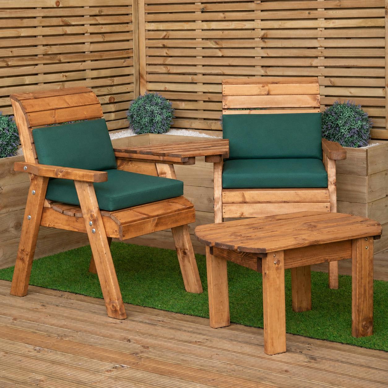 Rackhams Green 2 Seater Chunky Wooden Garden Furniture Set With Coffee Table & Cushions