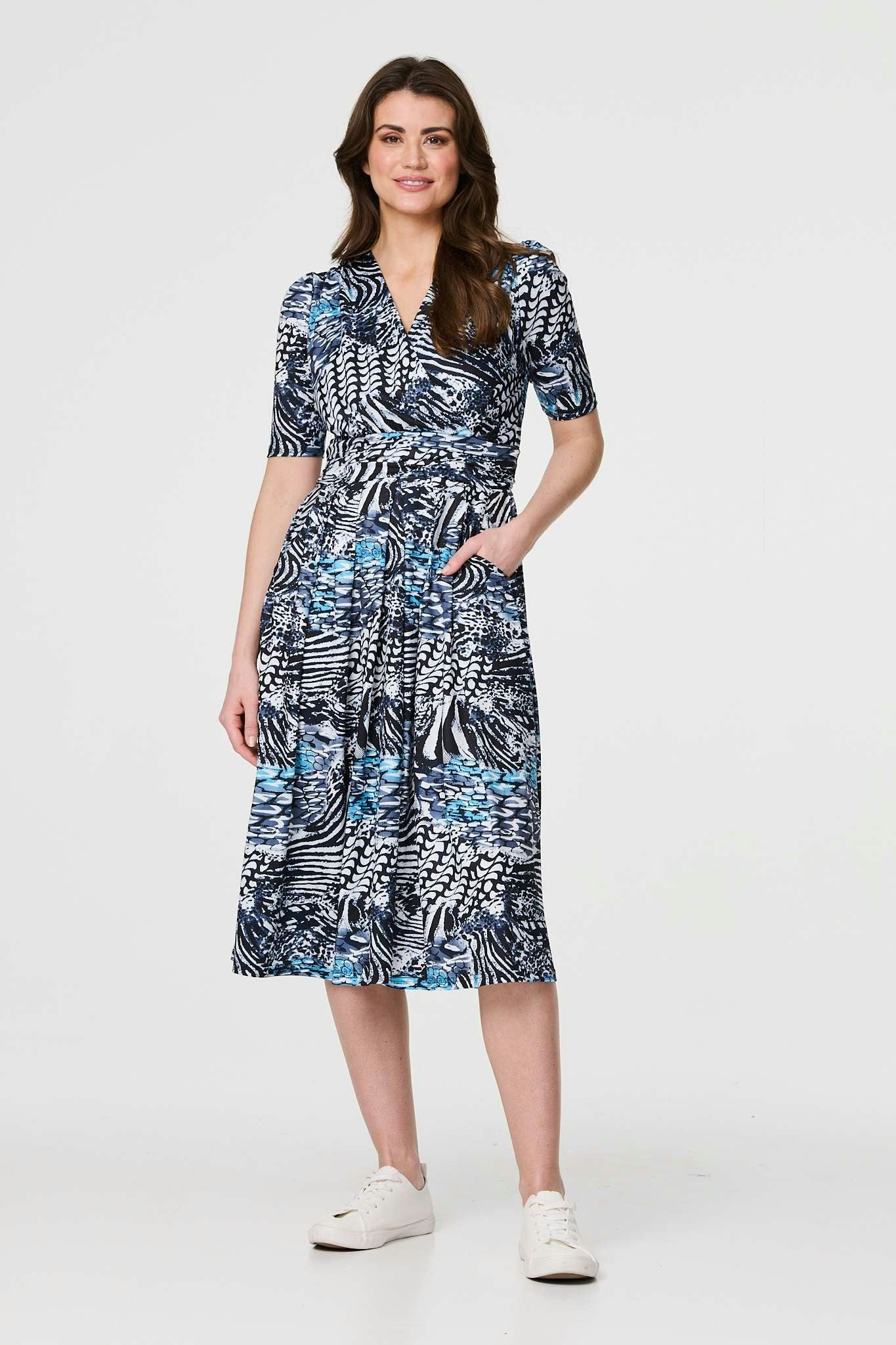 Izabel London Abstract Ruched 1/2 Sleeve Midi Dress - Navy - 12