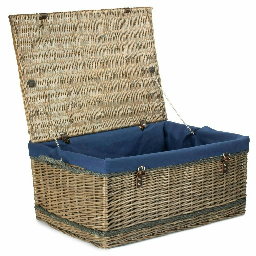 Rackhams Blue 72Cm Antique Wash Rope Handled Picnic Basket