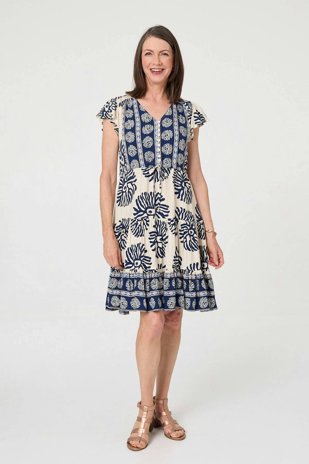 Izabel London Blue Floral Border Print Knee Length Dress - 10