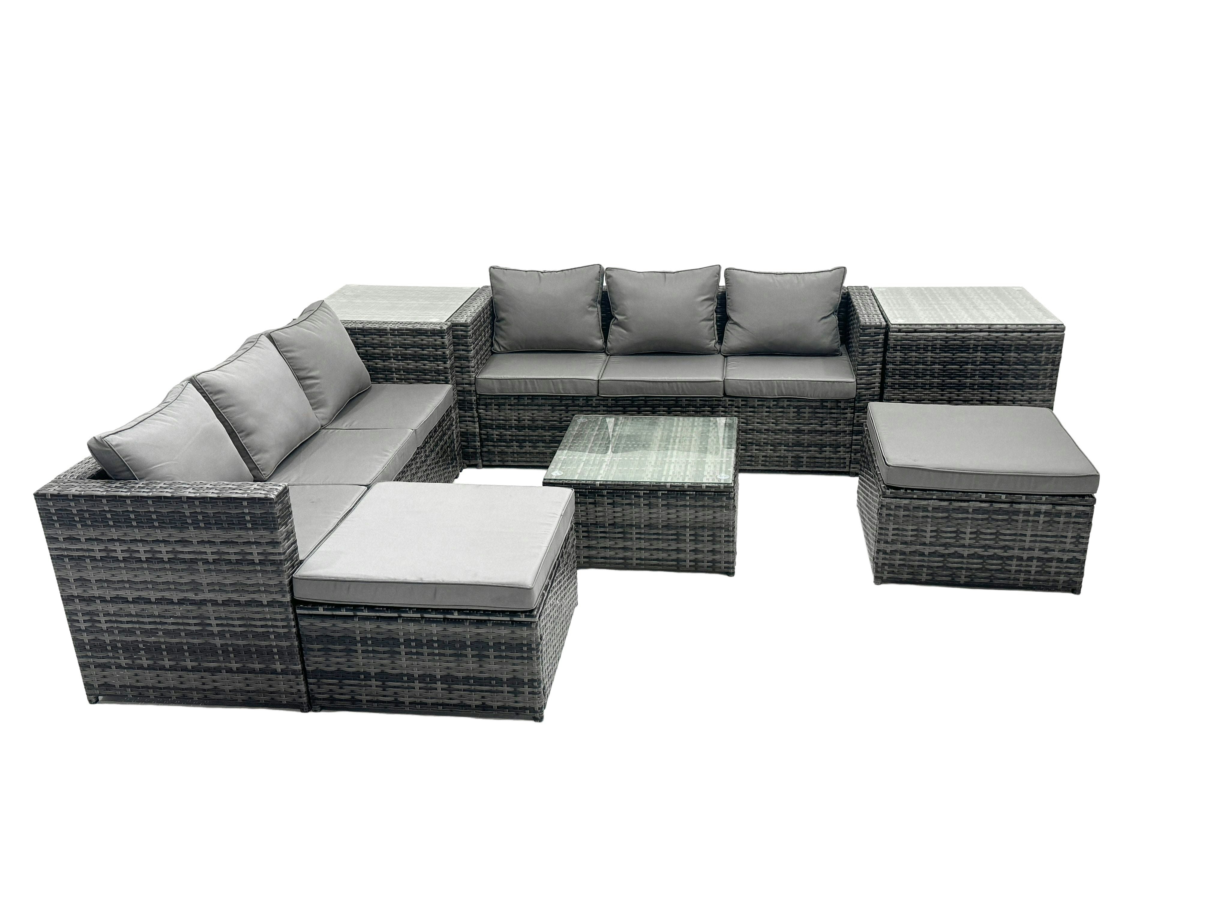 Rackhams Dark/Grey Outdoor Rattan Garden Furniture Set 8 Seater Patio Lounge Sofa Set With Square Coffee Table 2 Side Tables 2 Big Footstools Mixed