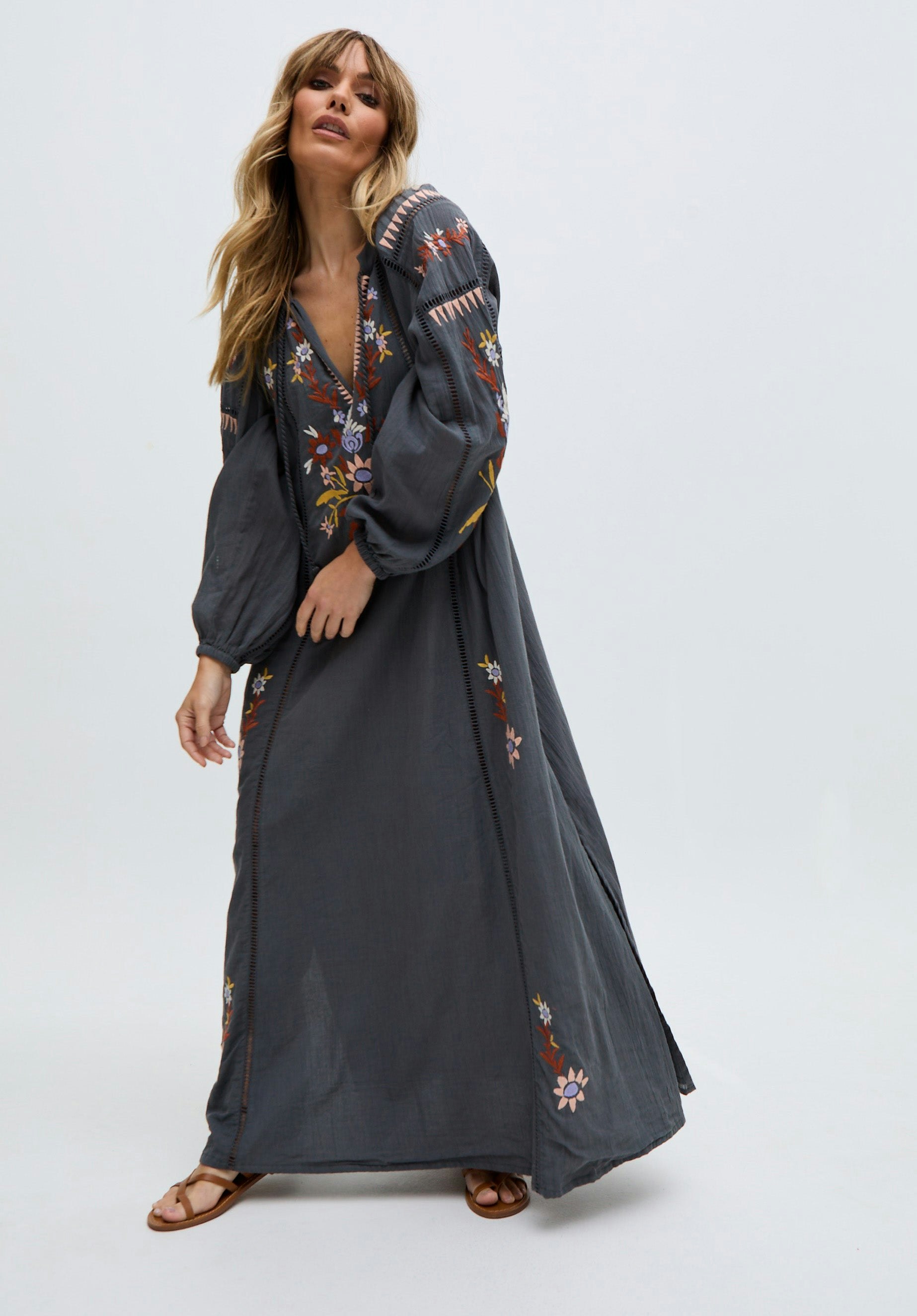 Raffya Grey Elisa Kaftan Style Embroidered Maxi Dress In - 14