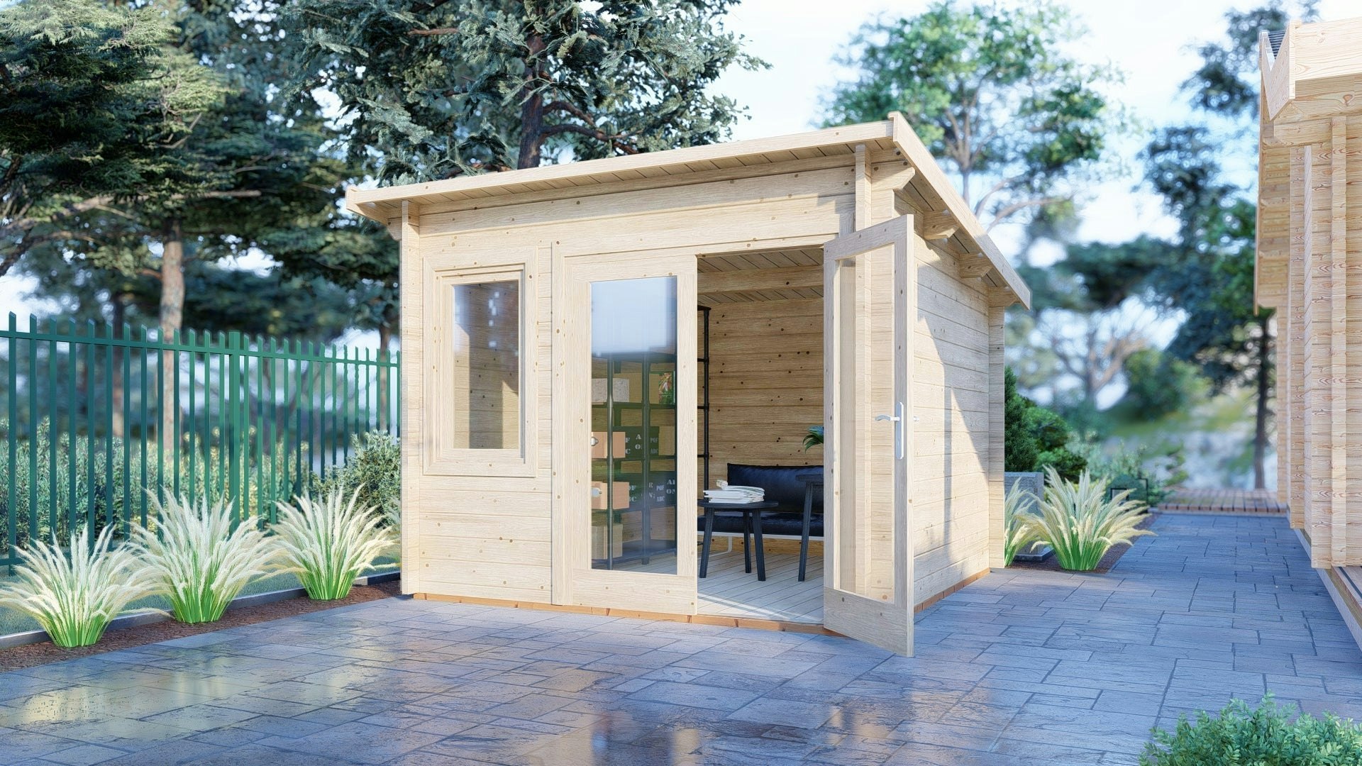 Rackhams Grey Elm 10X10 Multiroom Pent Log Cabin 19Mm Interlock Cladding