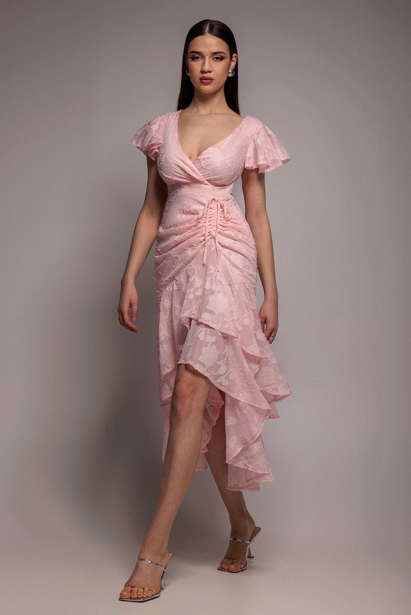 Goddiva Pink Jacquard Chiffon Wrap High Low Midaxi Dress - By - 18