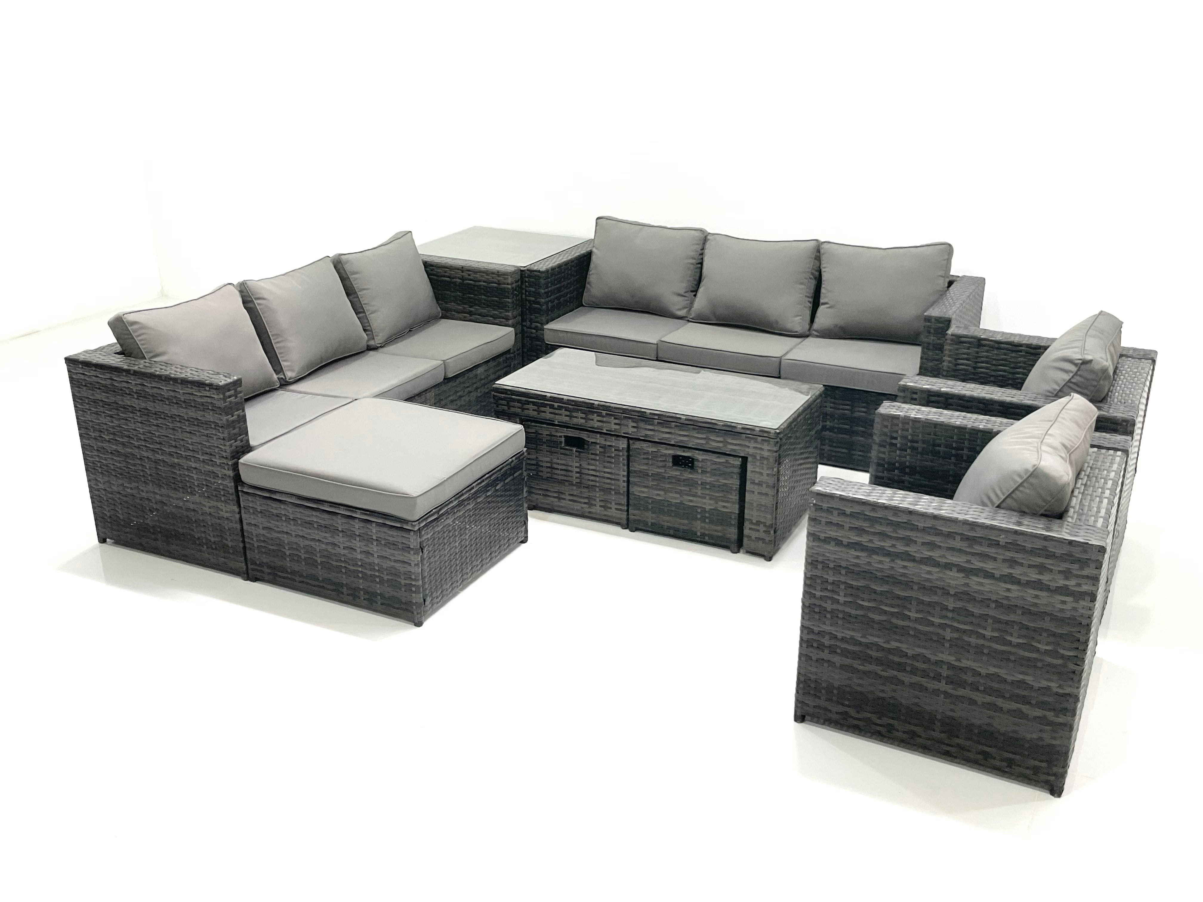 Rackhams Dark/Grey Rattan Garden Furniture Sofa Set With Coffee Table Armchair Side Table 3 Footstools Mixed