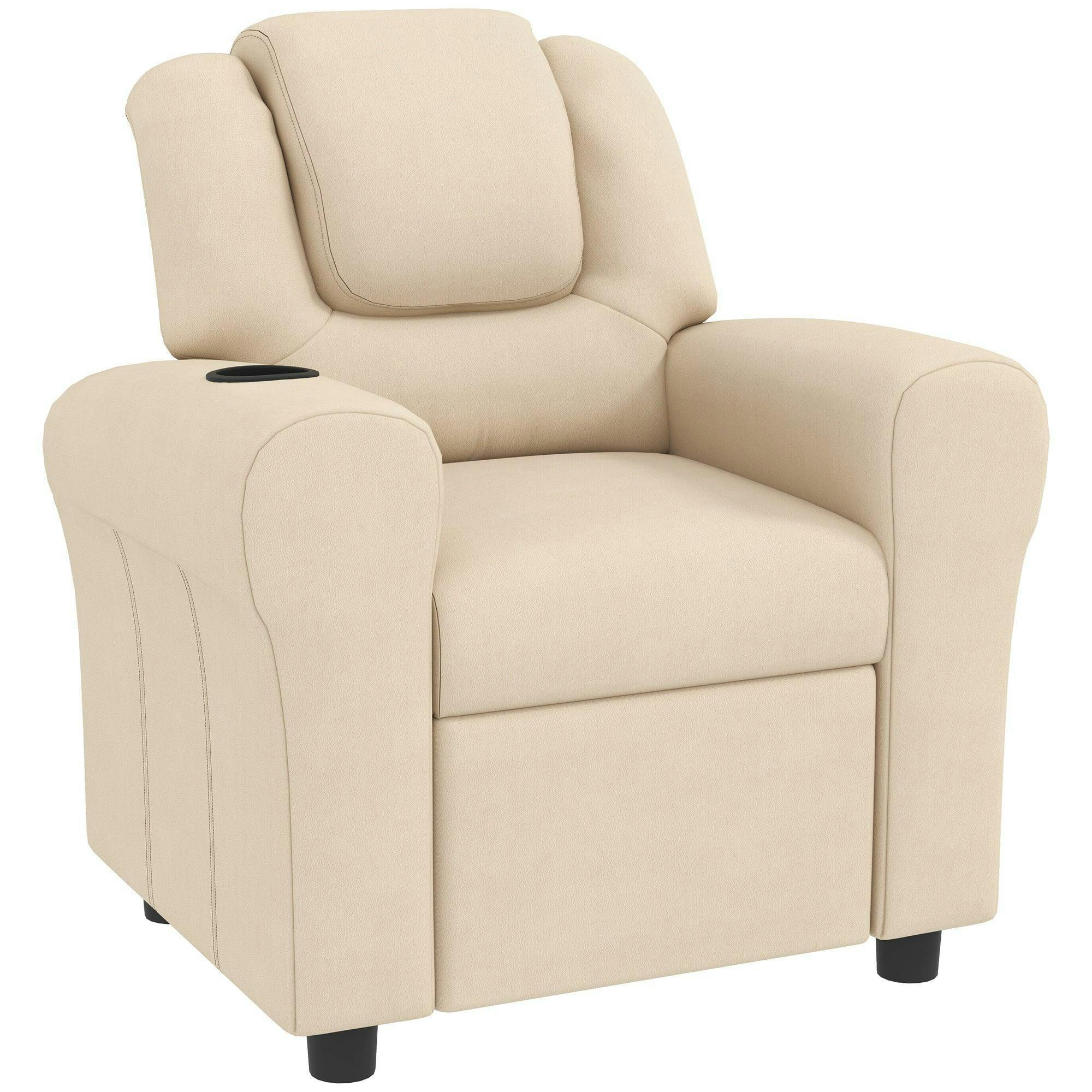 Homcom Kids Recliner Chair With Cup Holder - Pu Leather Beige Child Lounger, 150 Recline, Raised Footrest, Wood Frame (310-084V70bg) - Image 4