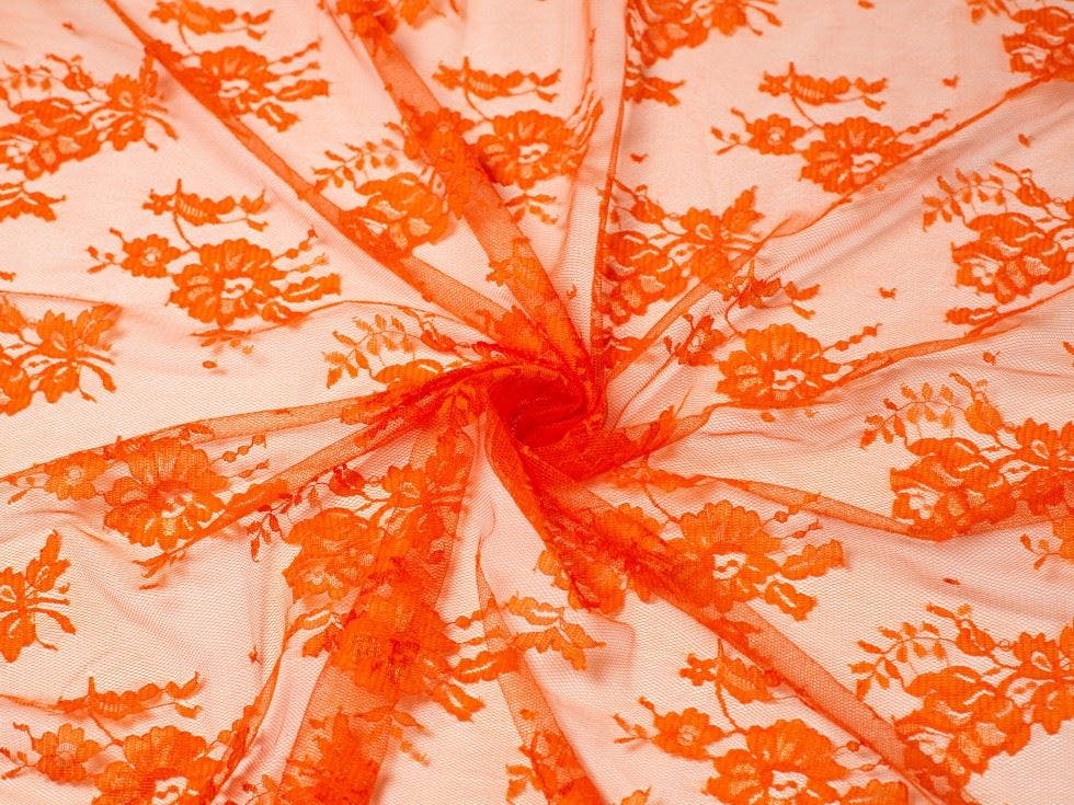Minerva Orange Core Range Deadstock Chantilly Tulle Lace Fabric - Flowers Design Dressmaking Fabric, 130 Cm / 52" Wide - Per Metre