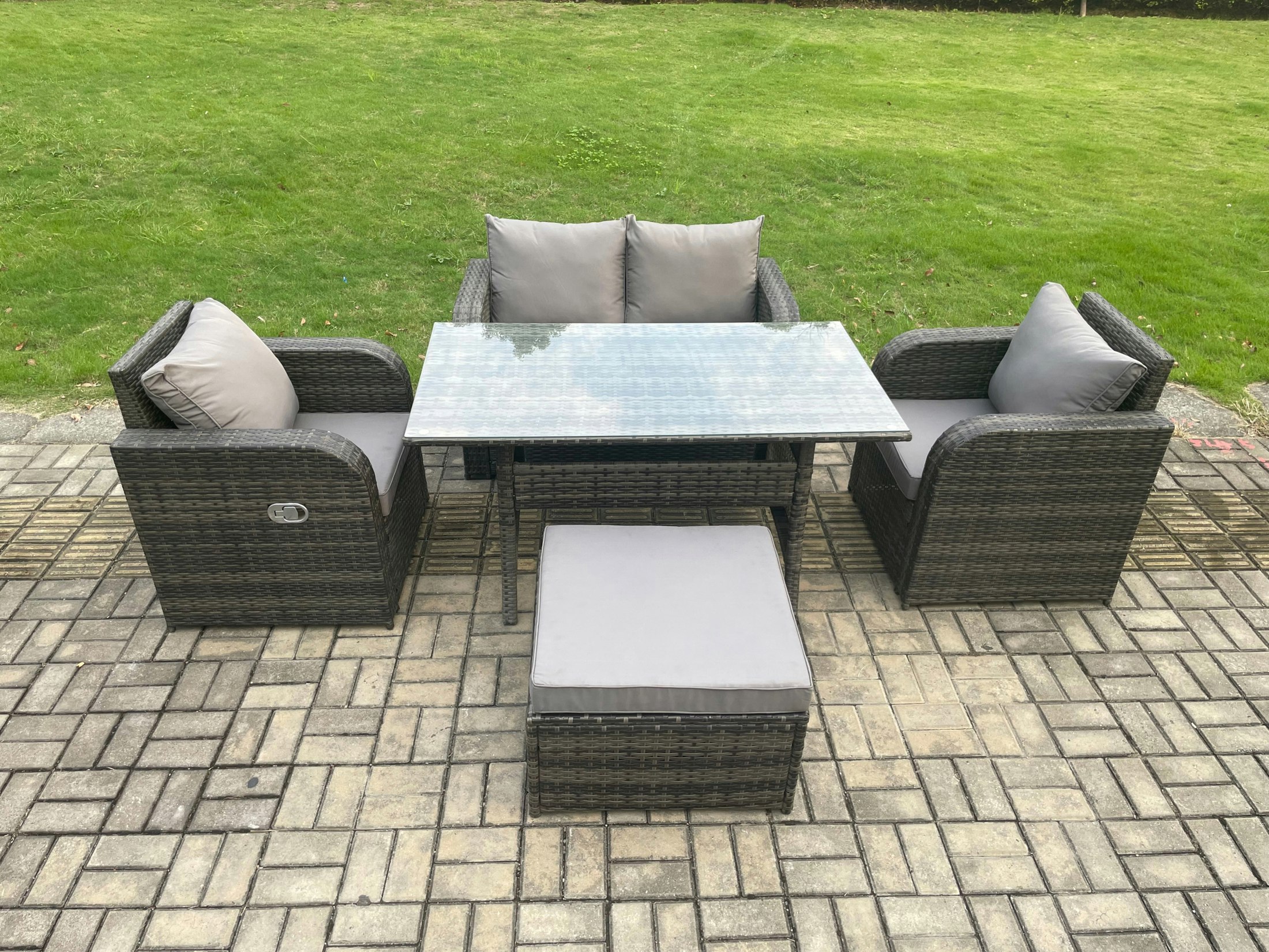 Fimous Dark/Grey Outdoor Rattan Garden Furniture Lounge Sofa Set With Oblong Rectangular Dining Table 2 Pc Reclining Chair Big Footstool