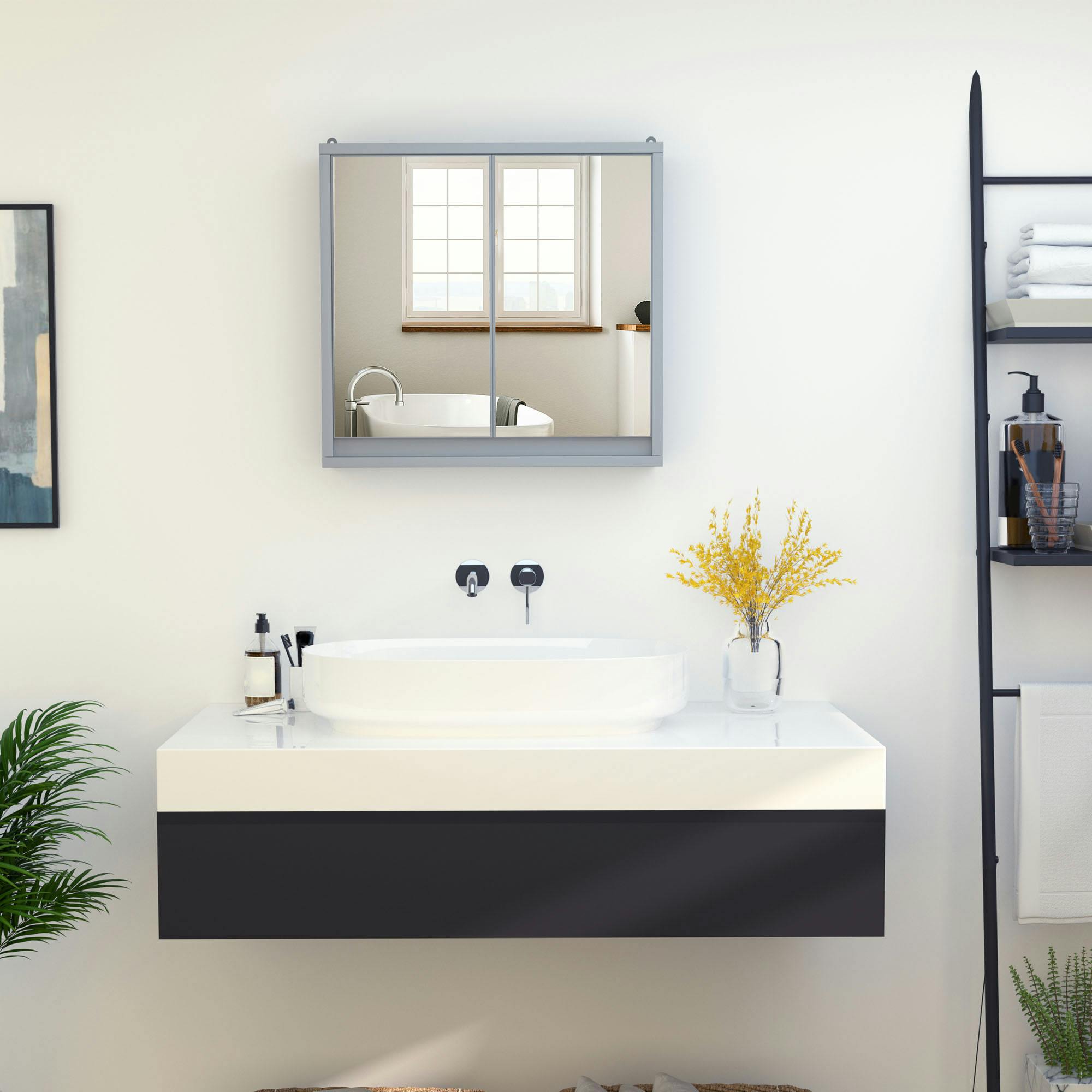 Rackhams Grey Wall Mounted Mirror Cabinet With Storage Shelf Bathroom Cupboard