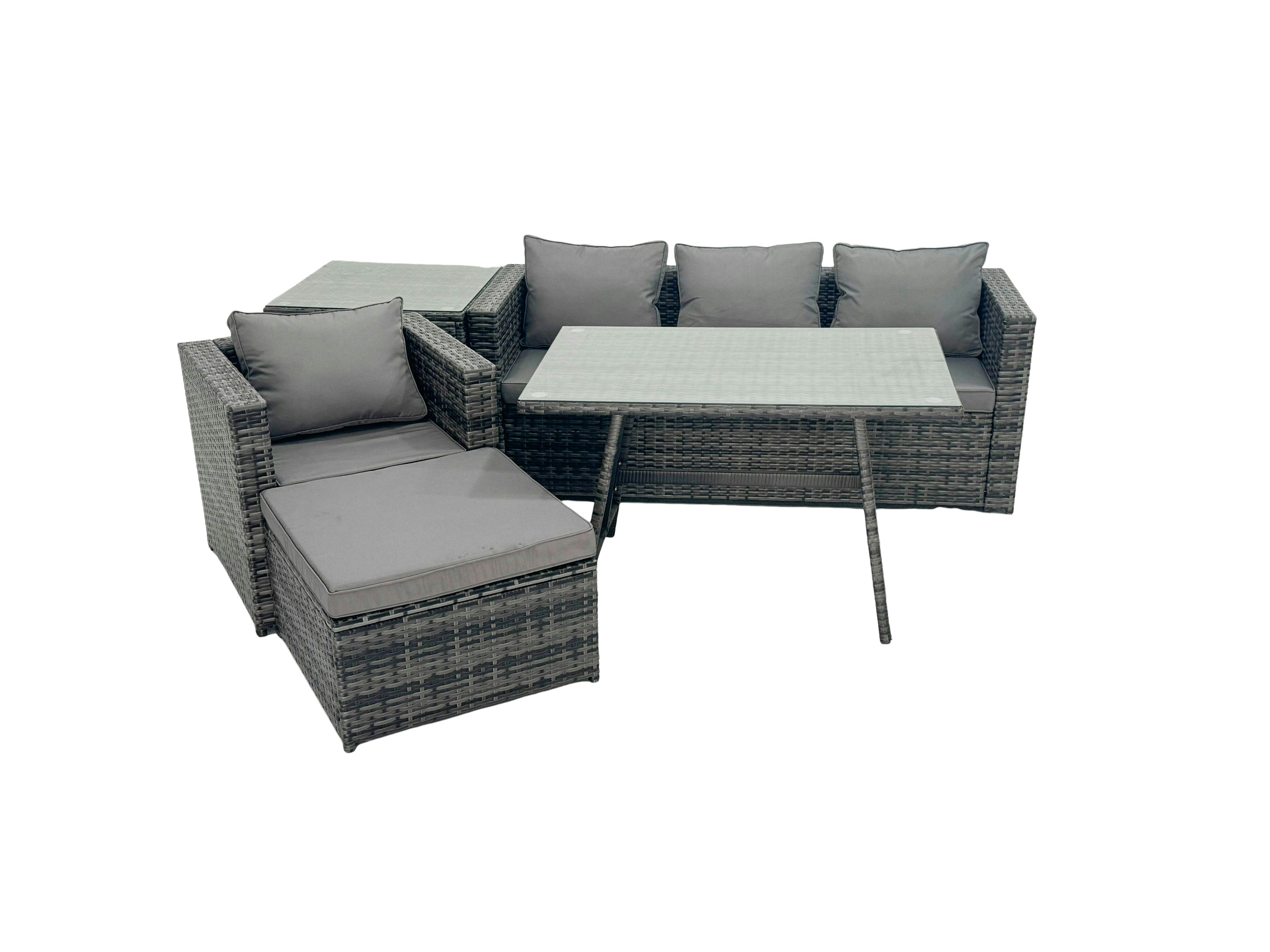 Rackhams Dark/Grey Rattan Dining Table Sofa Armchair Set With Side Table Big Footstool Outdoor Garden Furniture Set Mixed