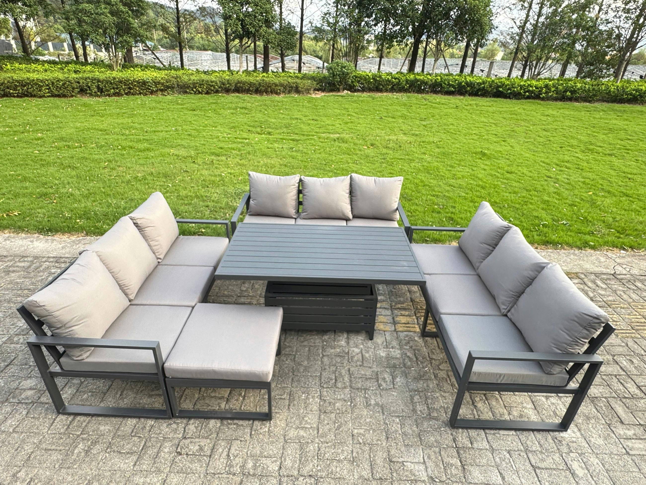 Rackhams Dark/Grey 10 Seater Aluminium Garden Furniture Set With Adjustable Rising Dining Table, Footstool