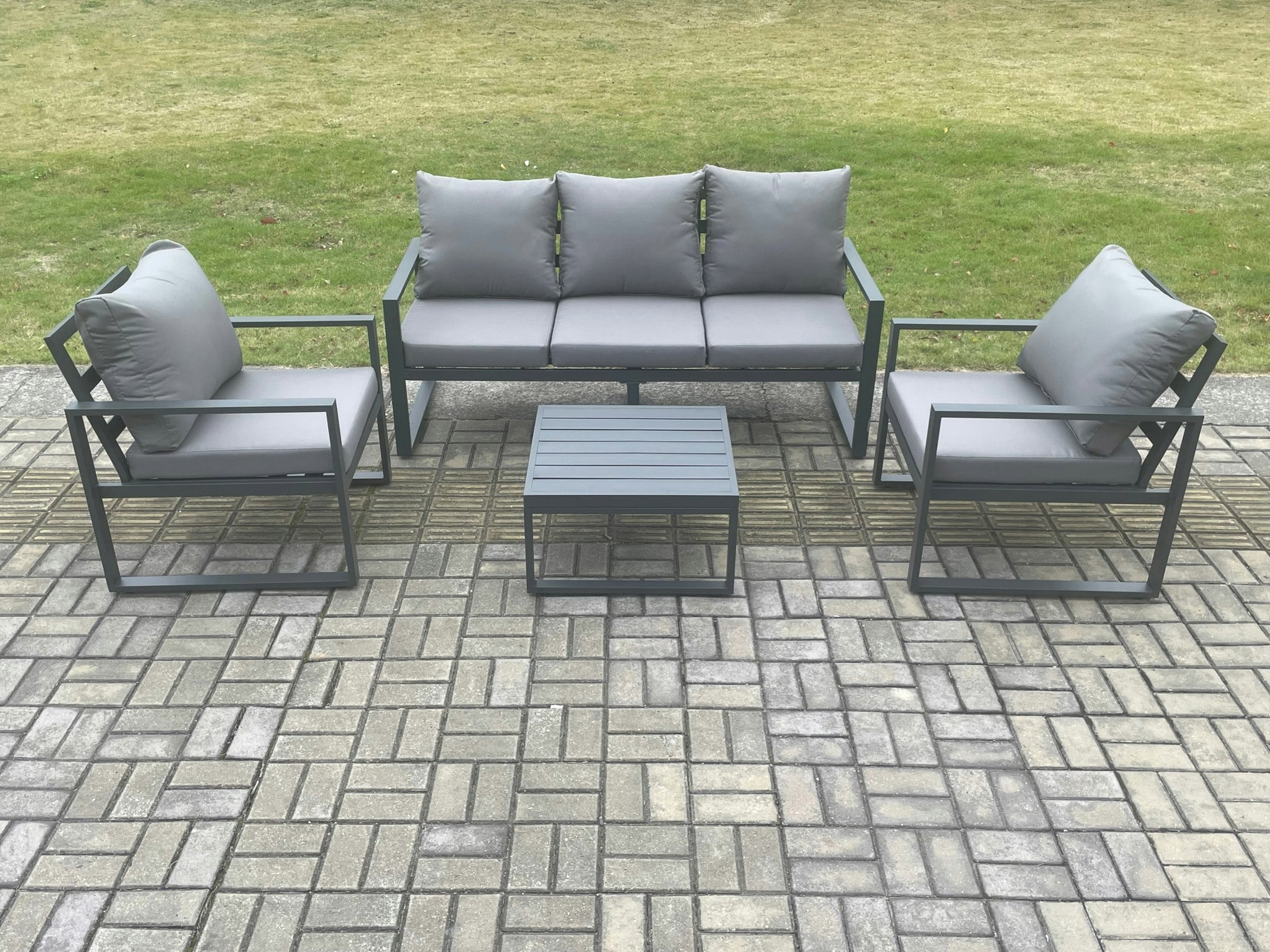 Fimous Dark/Grey Aluminium Outdoor Garden Furniture Set Lounge Sofa 2 Pc Chairs Square Coffee Table Sets
