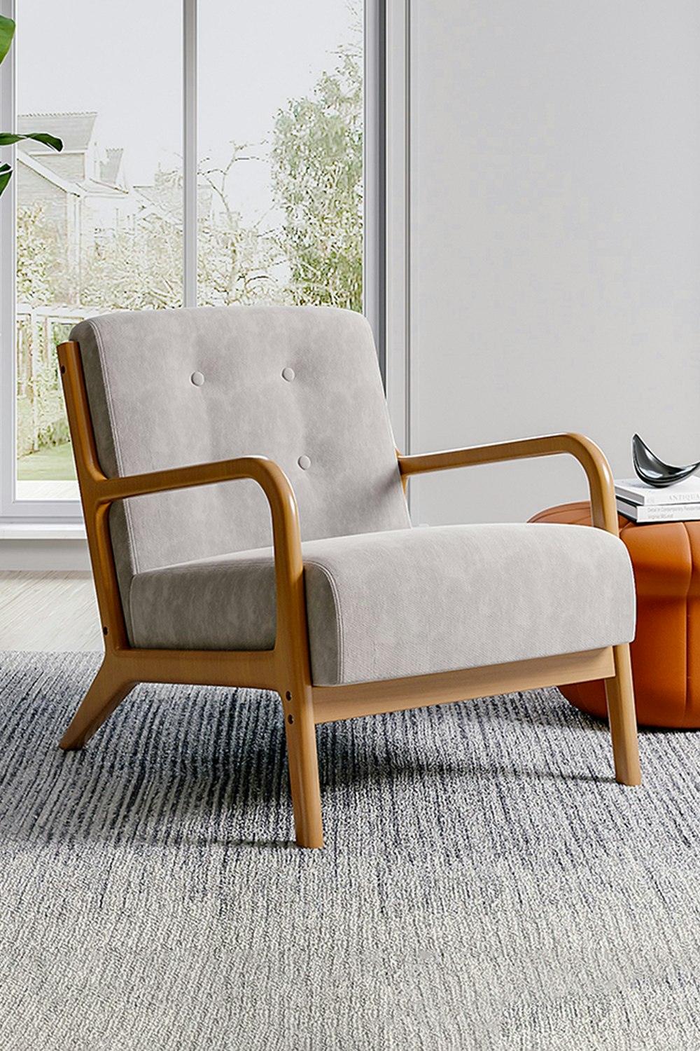 Living And Home Grey Wooden Frame Upholstered Tufted Armchair