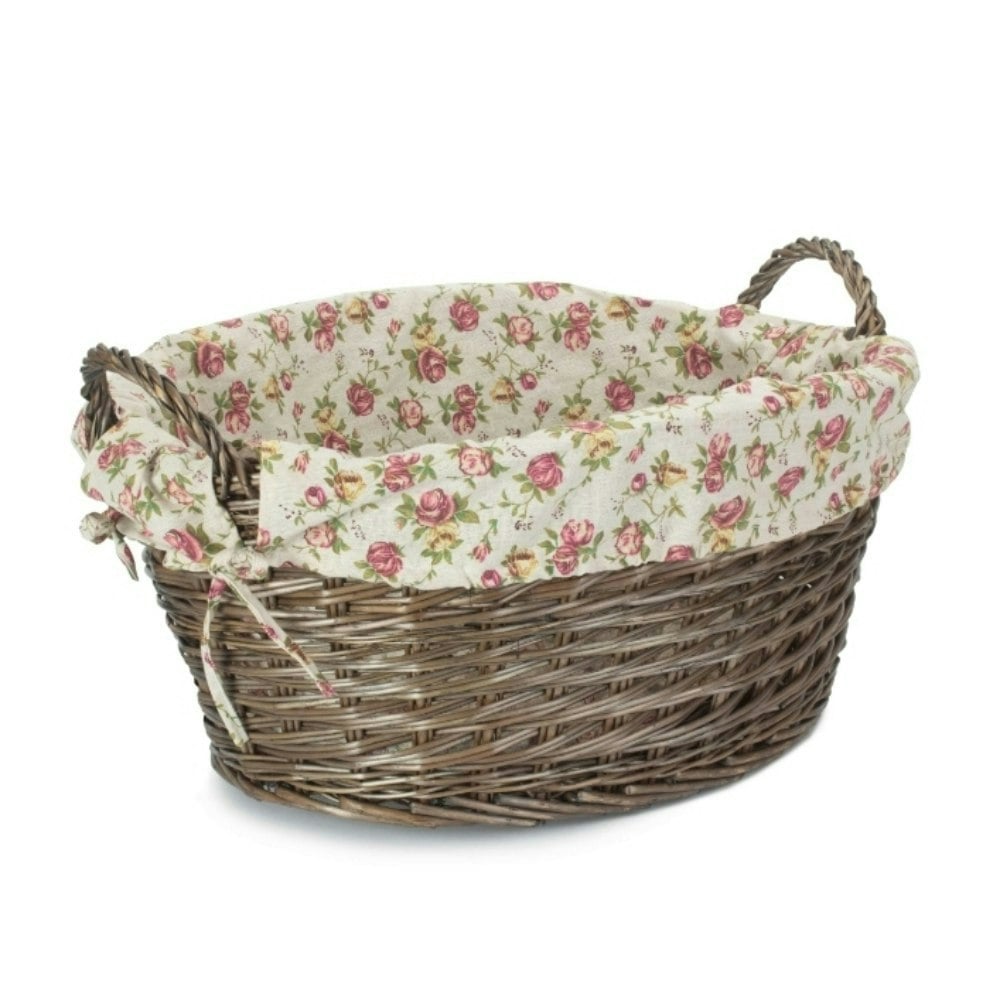 Rackhams Brown Antique Wash Finish Wicker Laundry Wash Basket With Garden Rose Lining